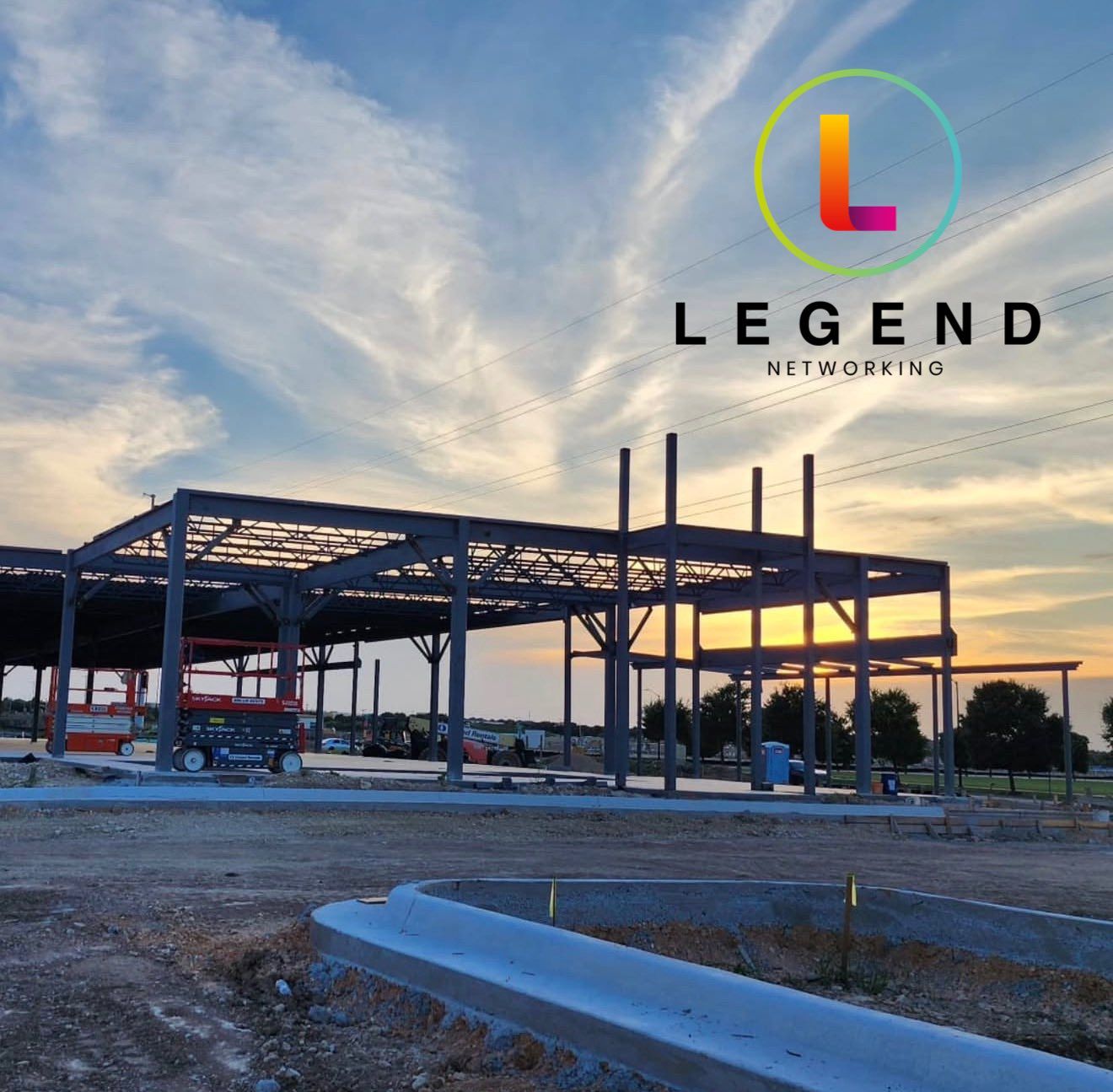 Steel framing and construction equipment at the Noble Dental Studios site in Leander