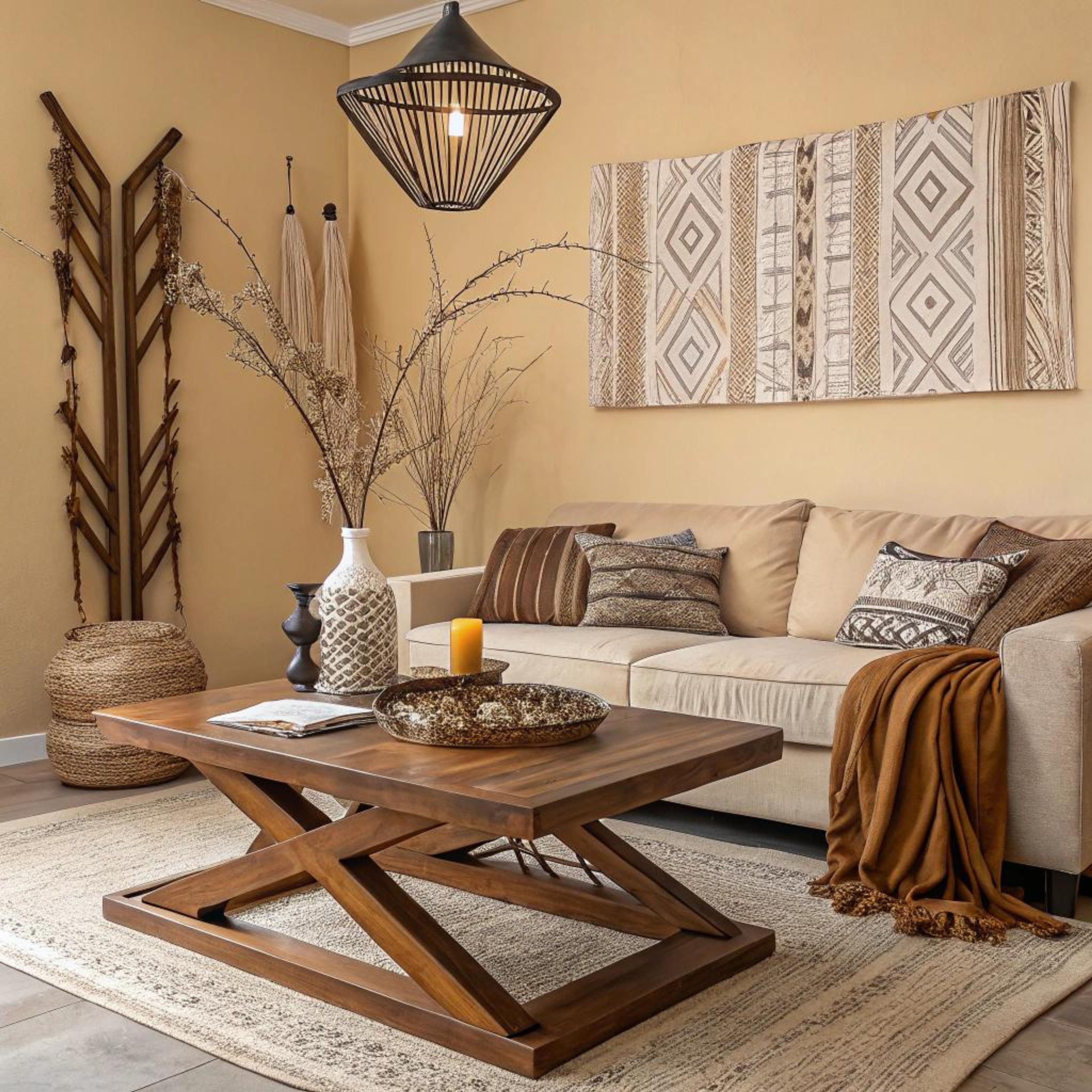 Geometrische houten tafel centraal