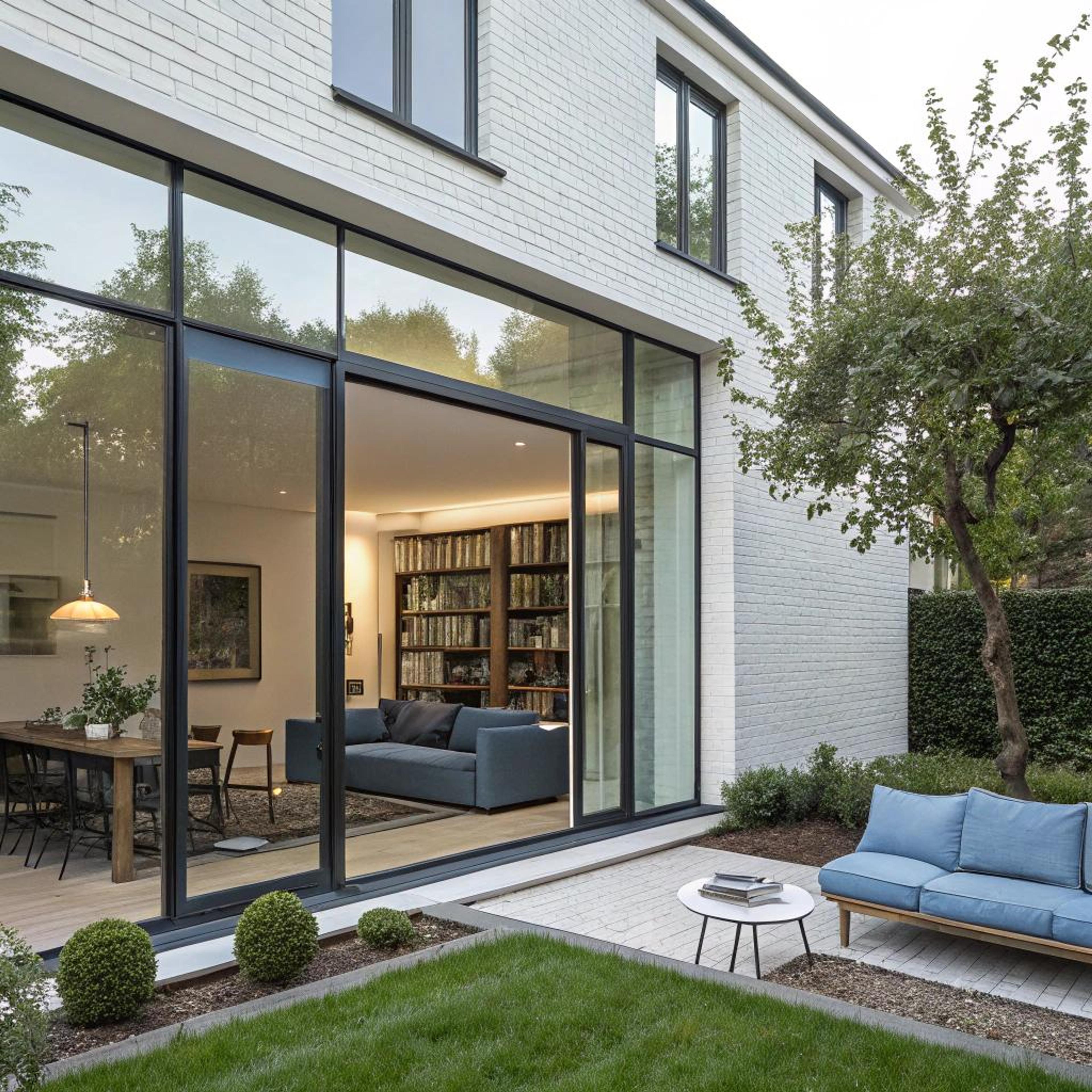 Blauwe bank en tuinzicht