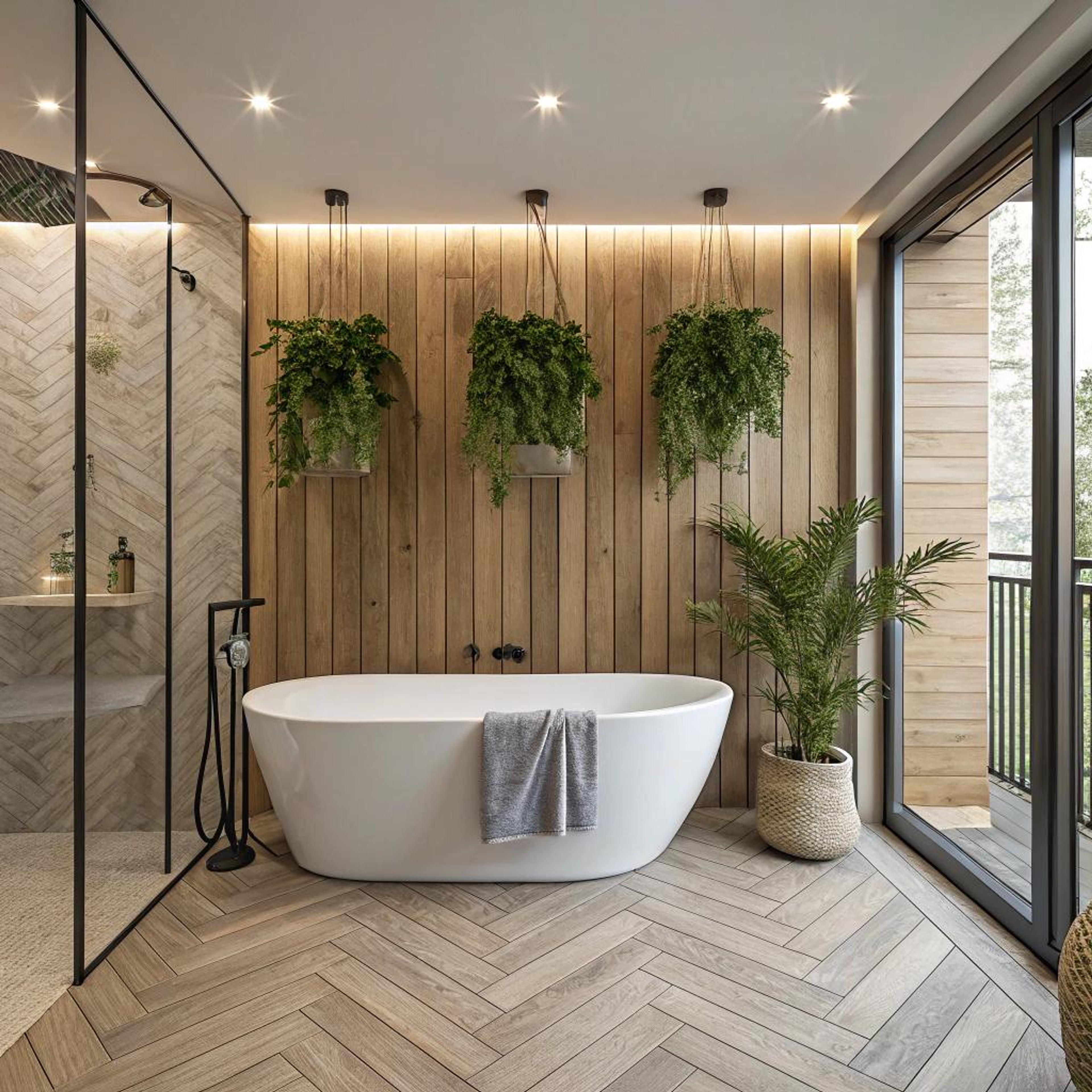 Hangplanten boven houtlook tegels