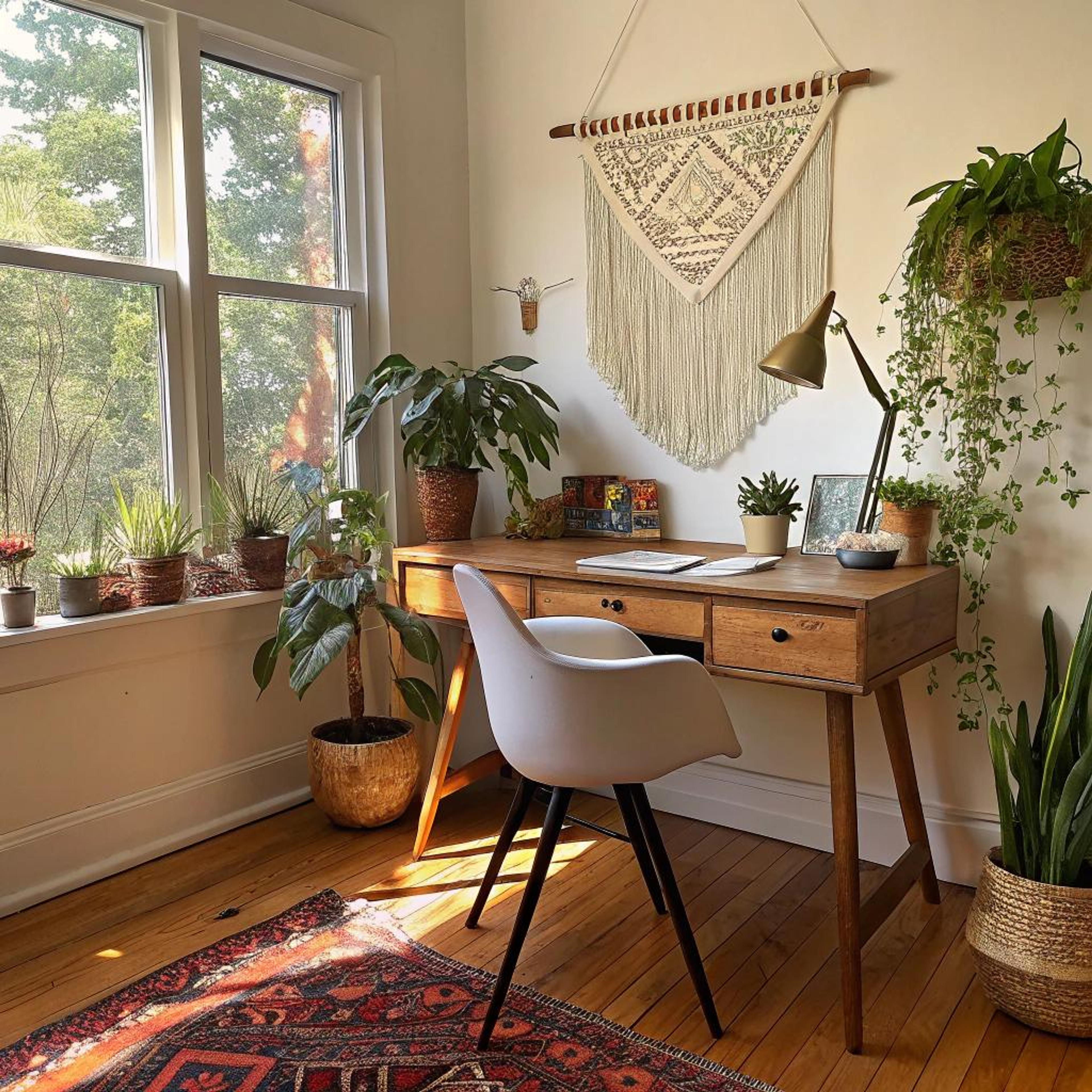 Geborduurd tapijt boven bureau