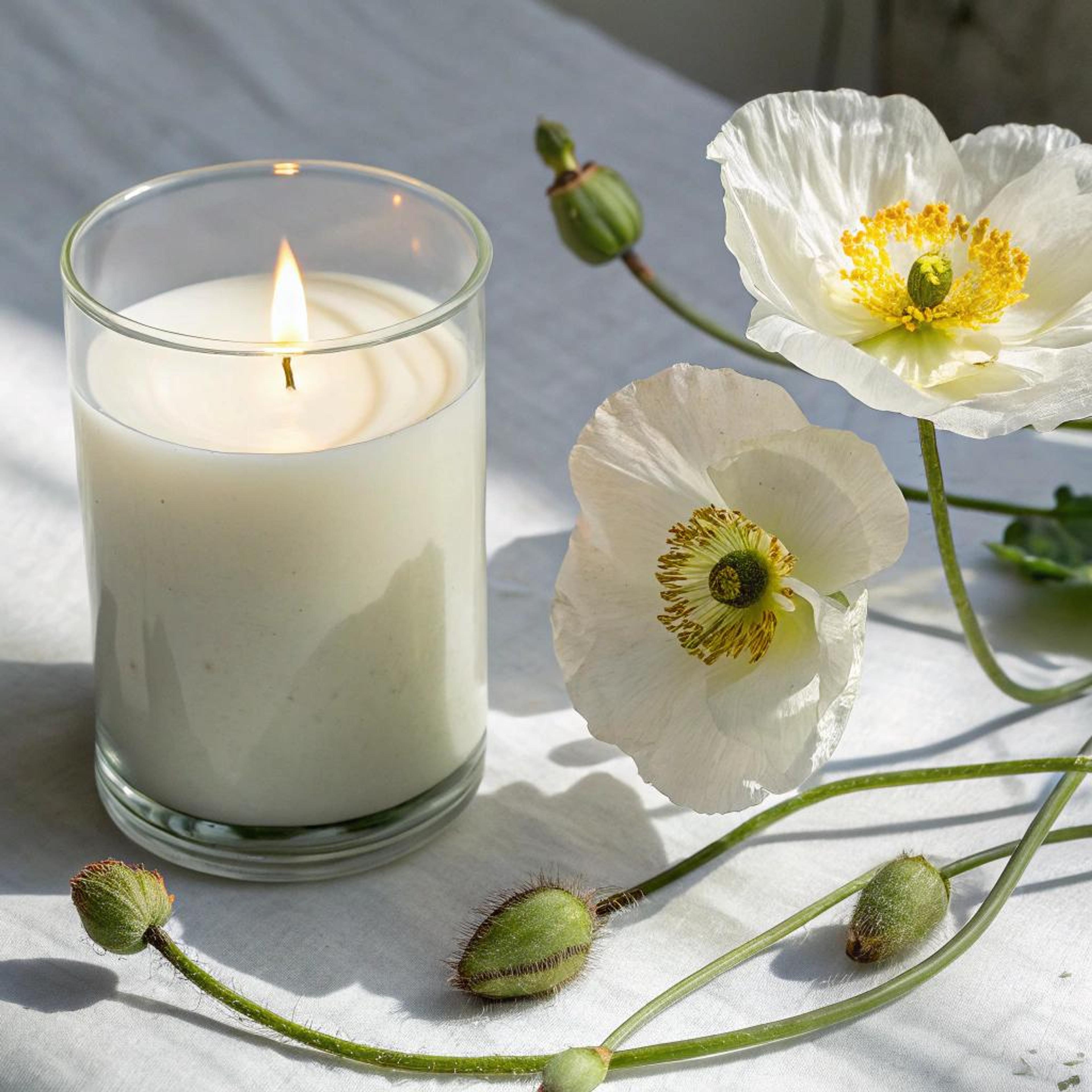Witte papaver bij geurkaars