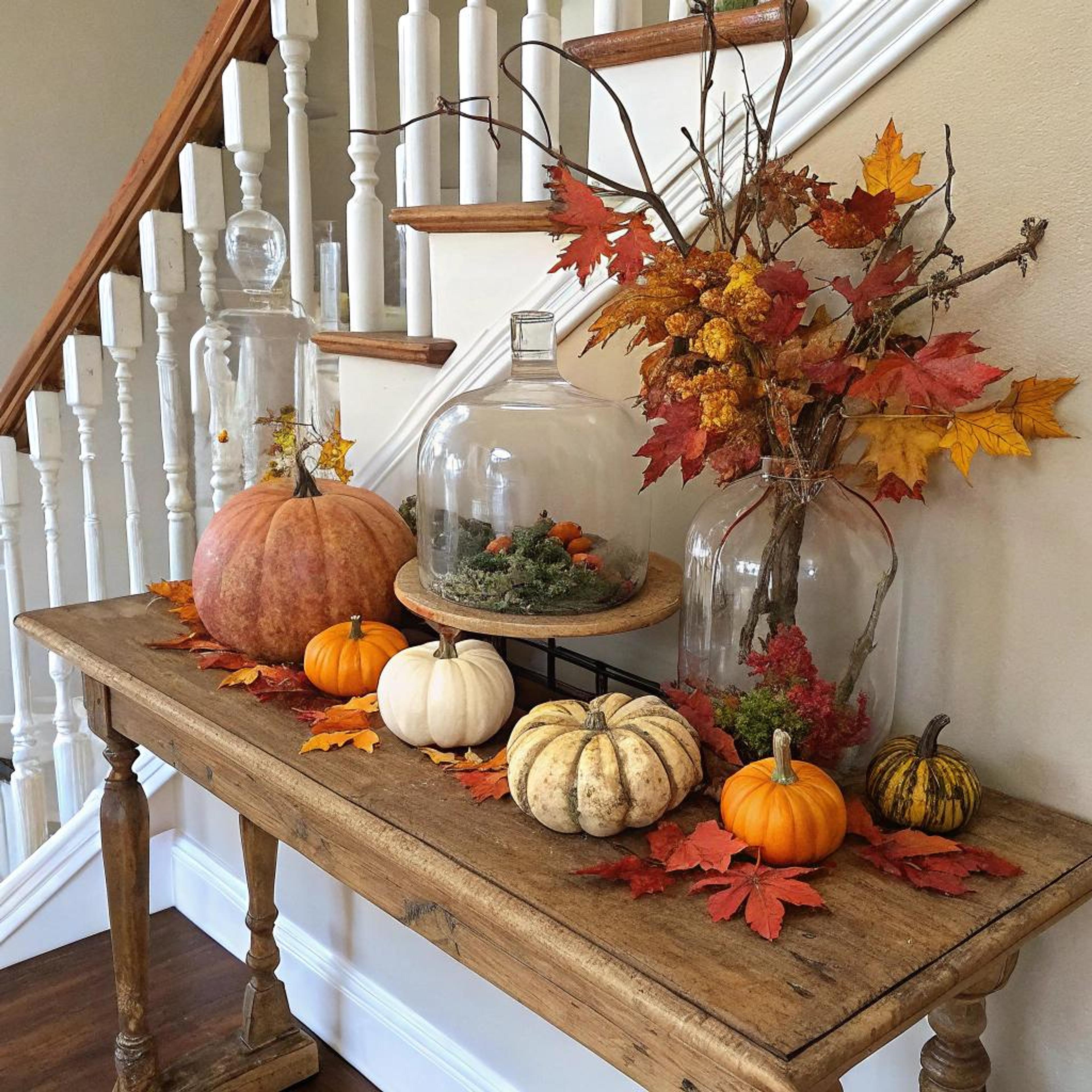 Pompoenen en glas op tafel