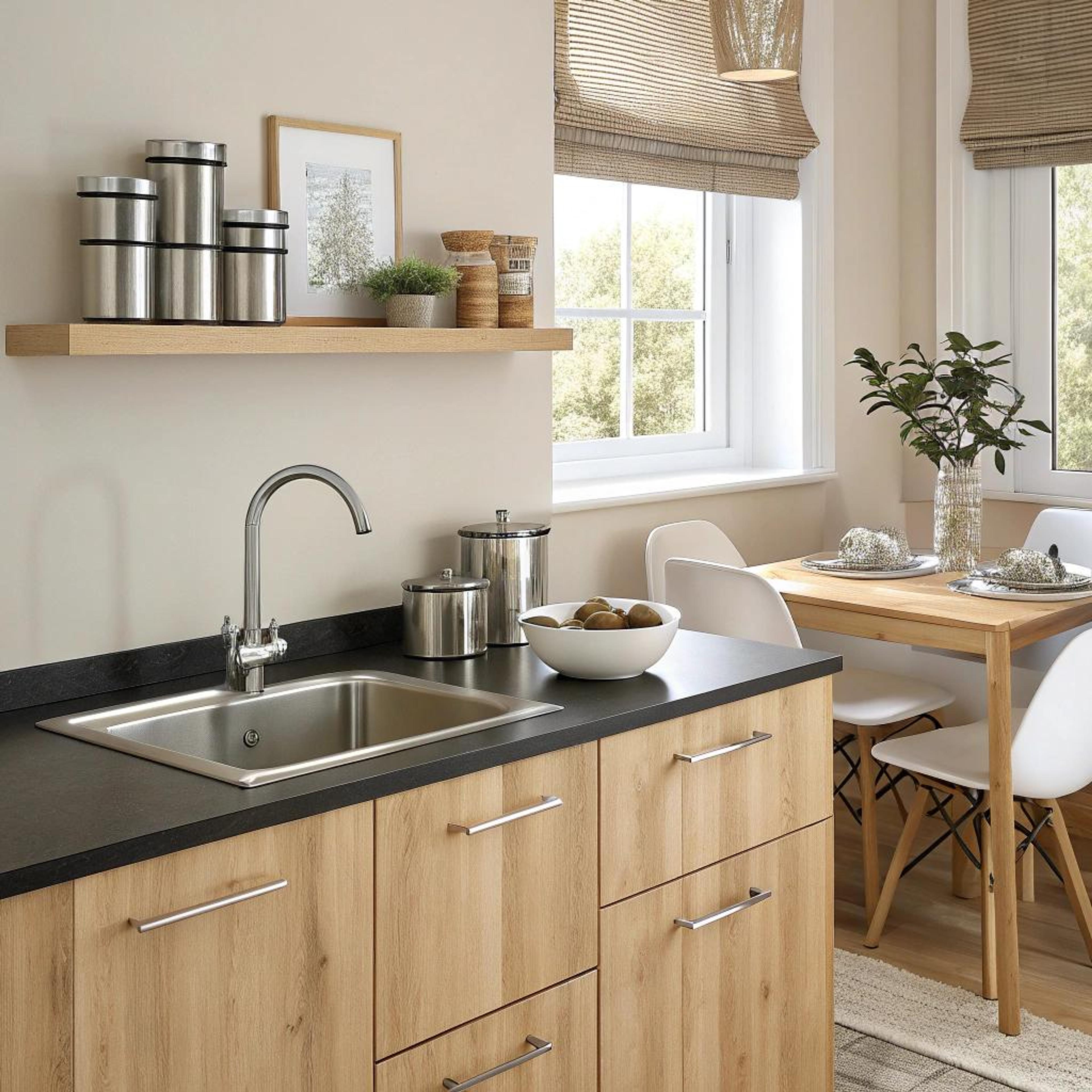 Vouwgordijnen bij houten eettafel