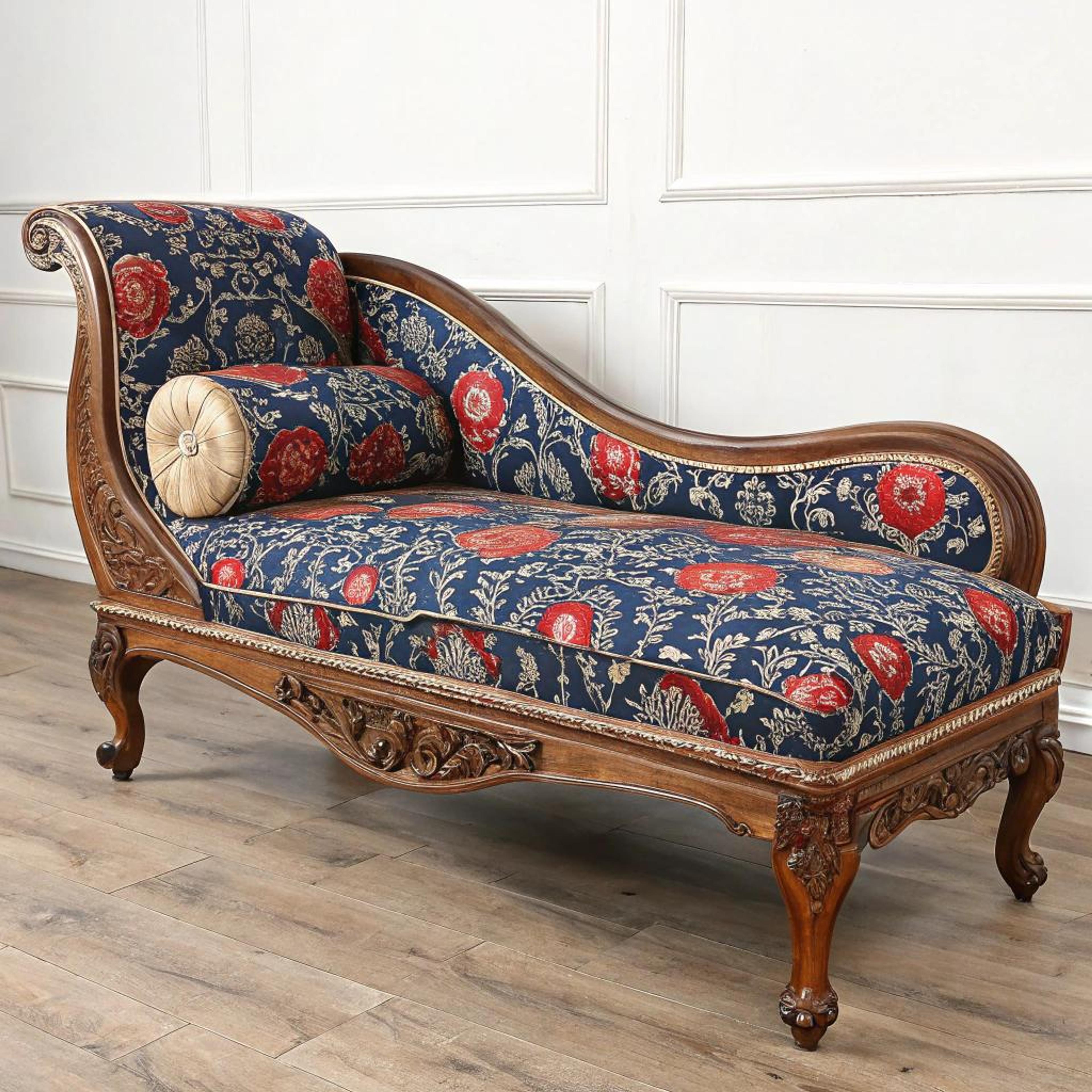 Diepblauw met rood bloemenpatroon