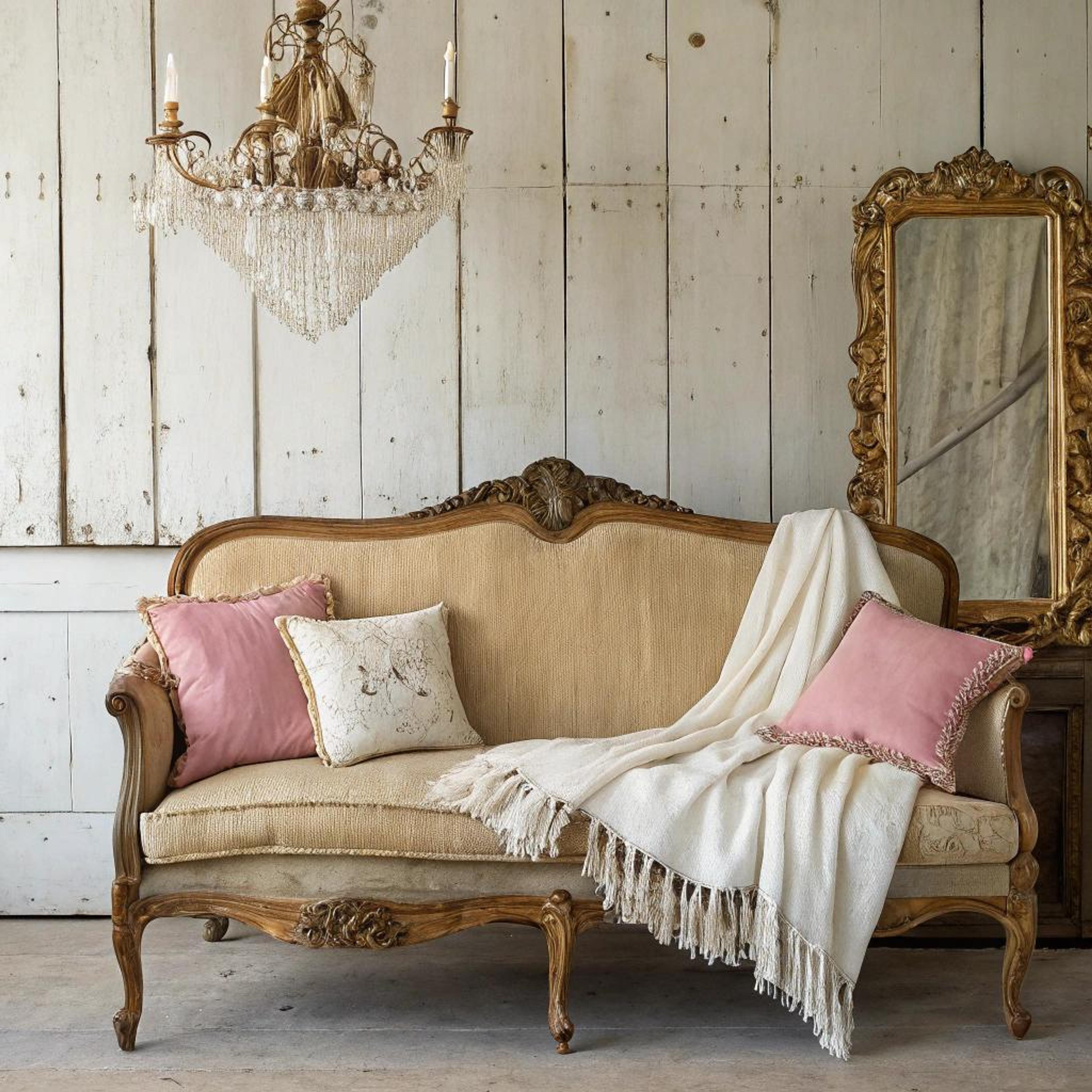 Roze kussens op vintage settee