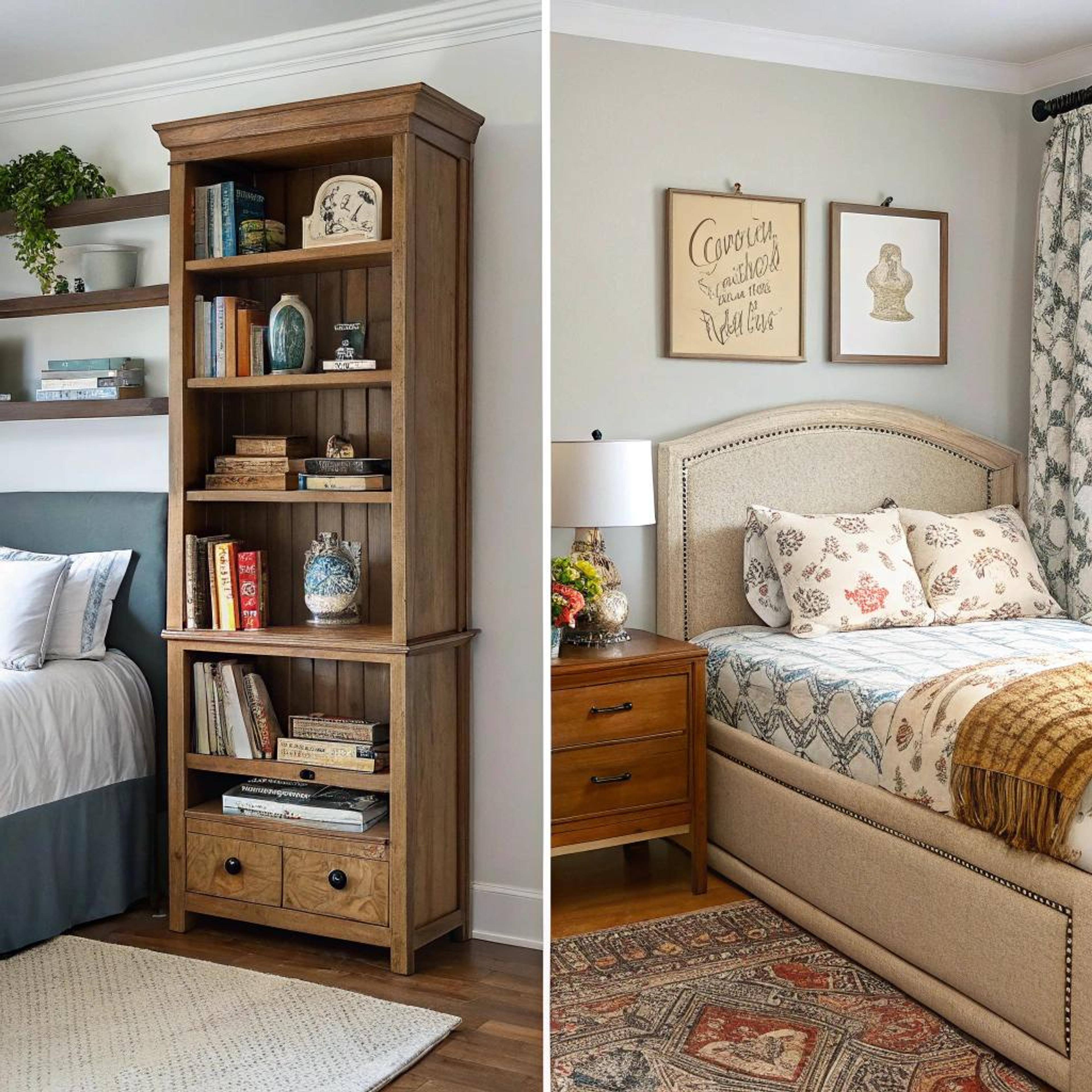 Eclectische kast naast patroonbed