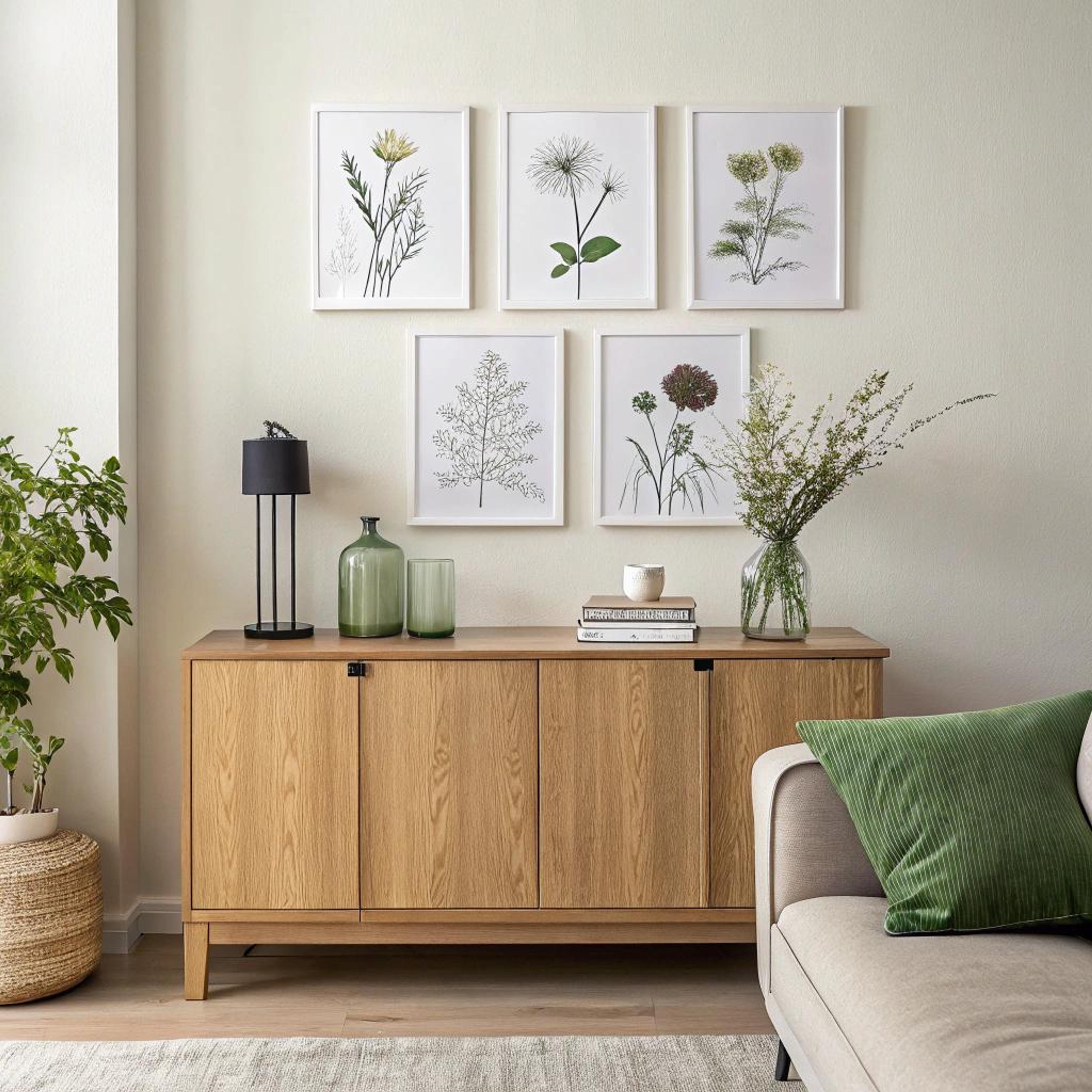 Botanische fotowand boven dressoir