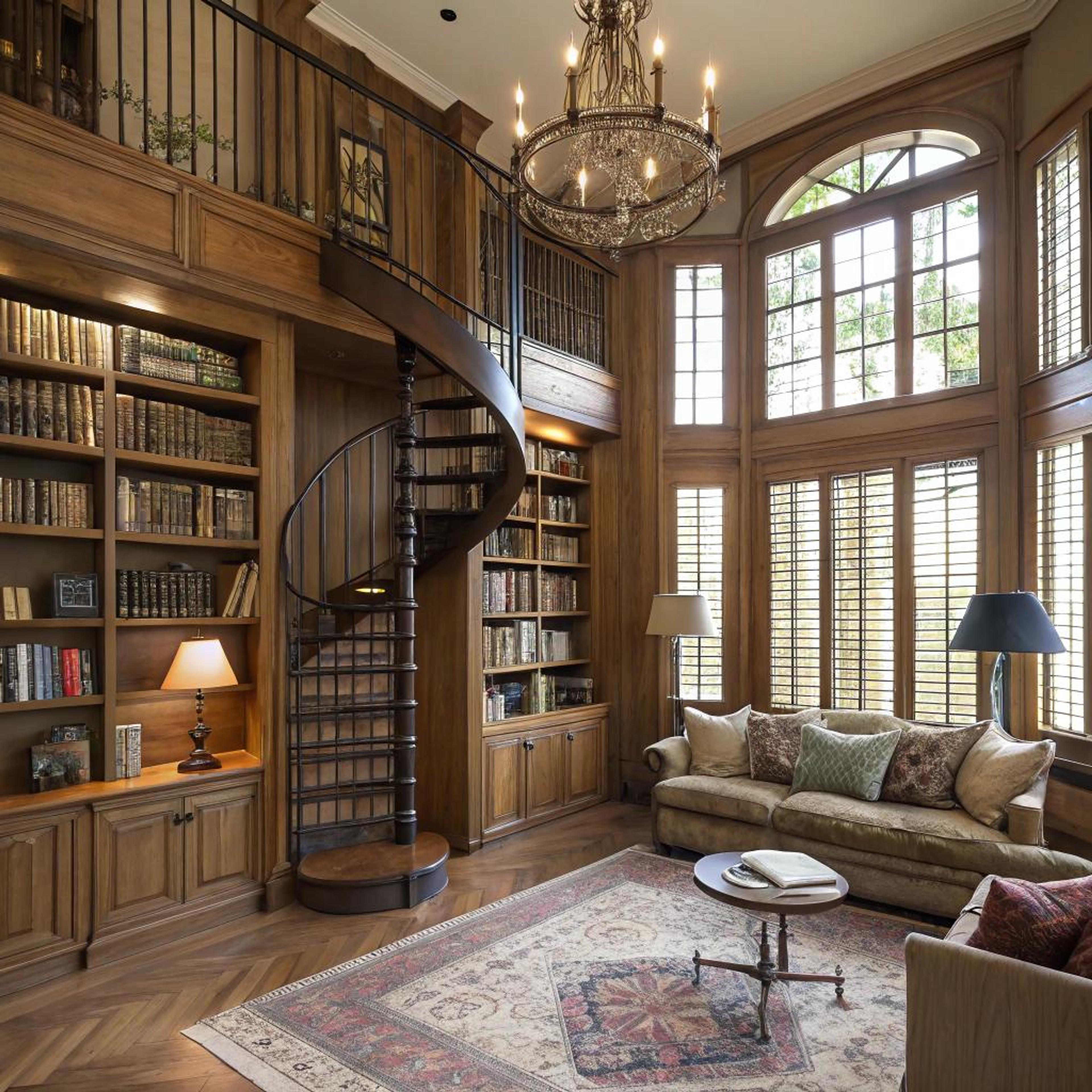 Plafondhoge boekenkasten met wenteltrap