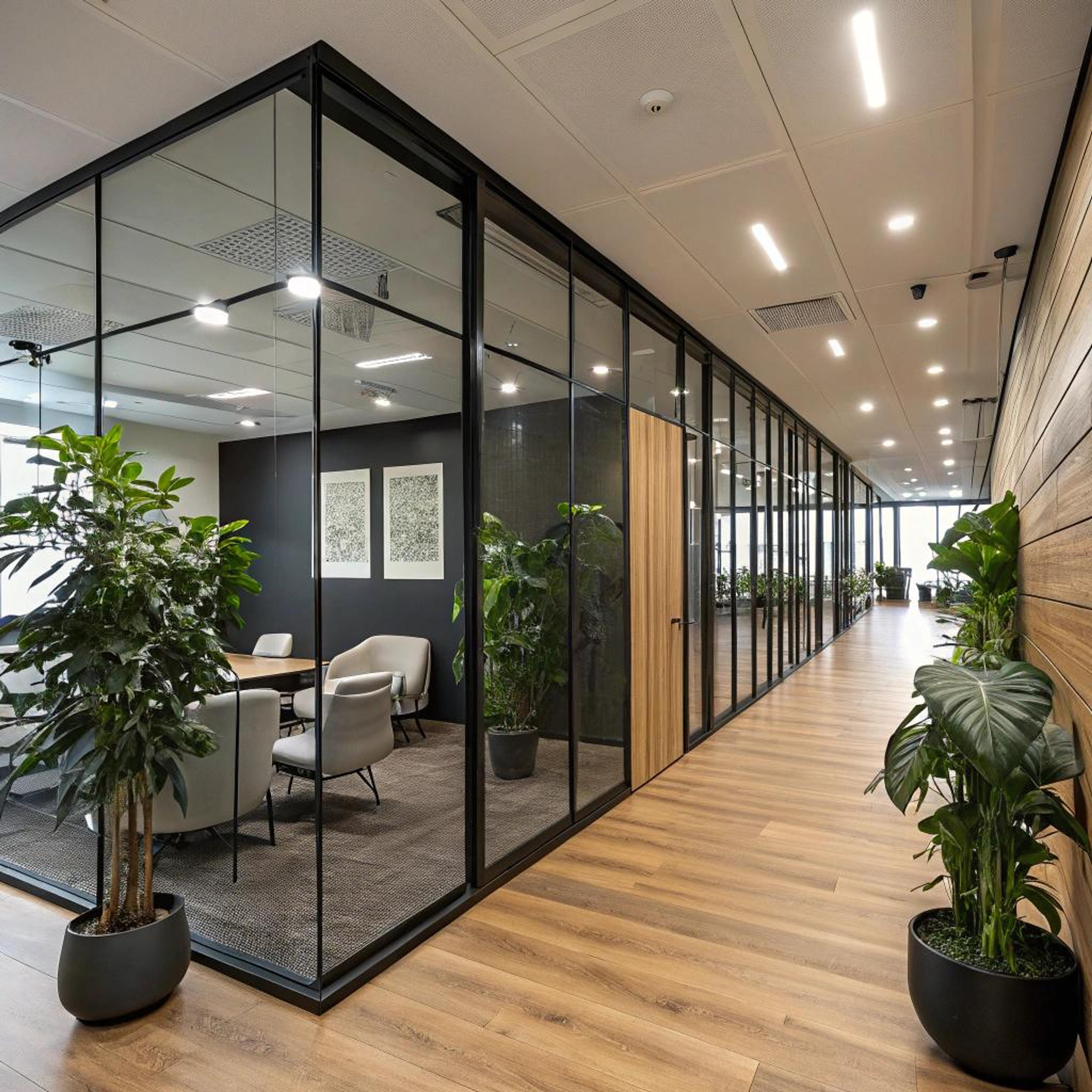 Groene planten achter glaswanden