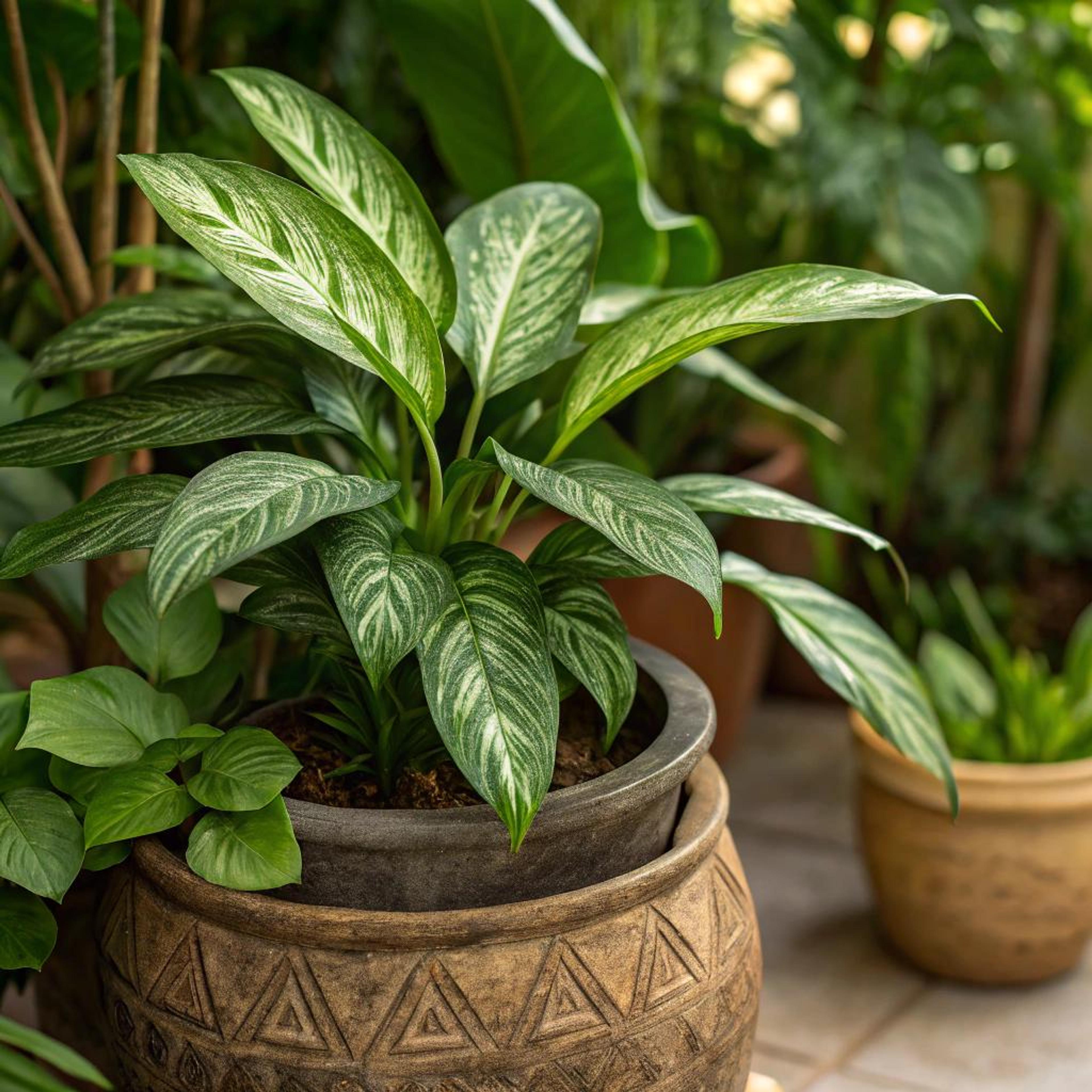 Aardse potten met bladcontrasten