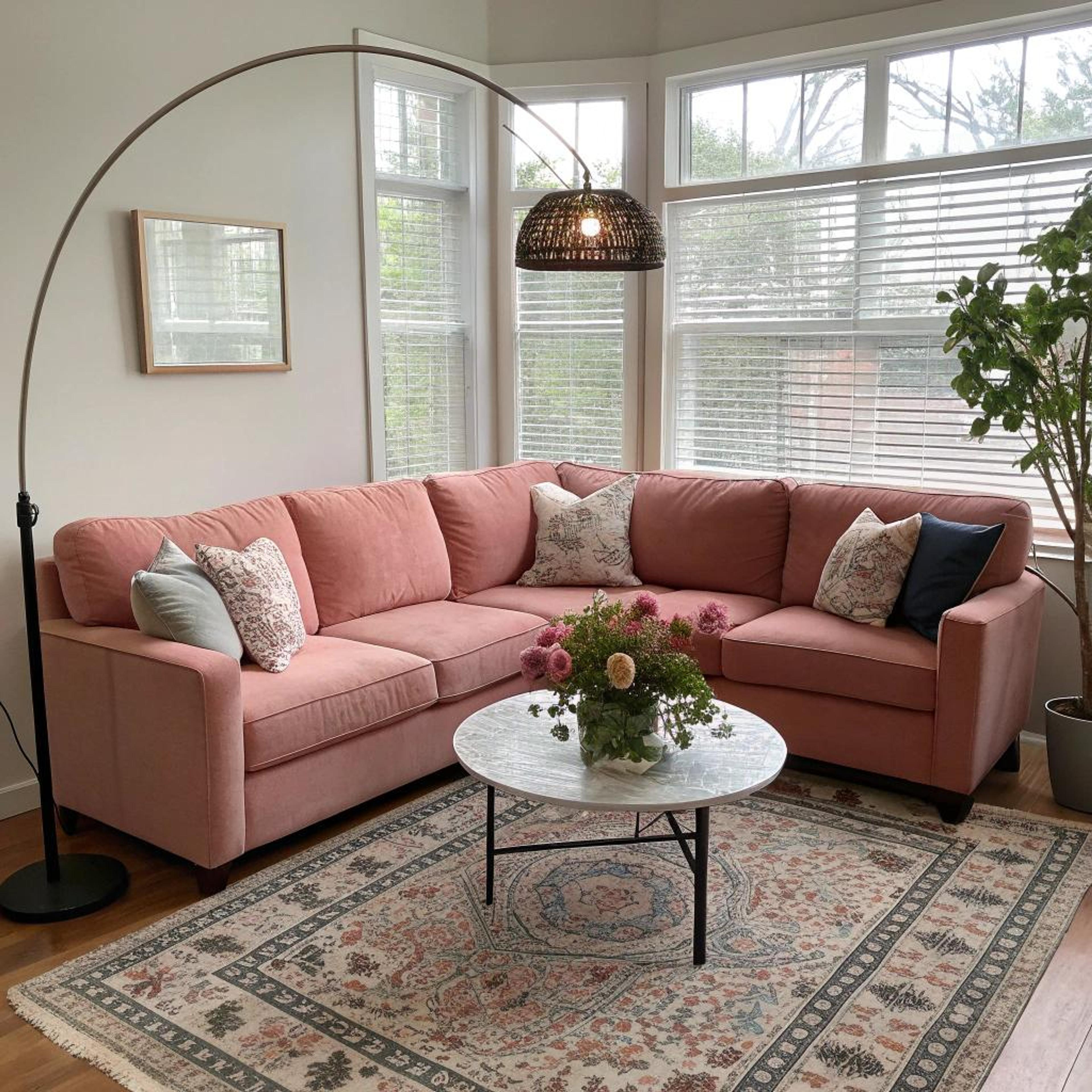 Roze bank met sfeervol vloerkleed