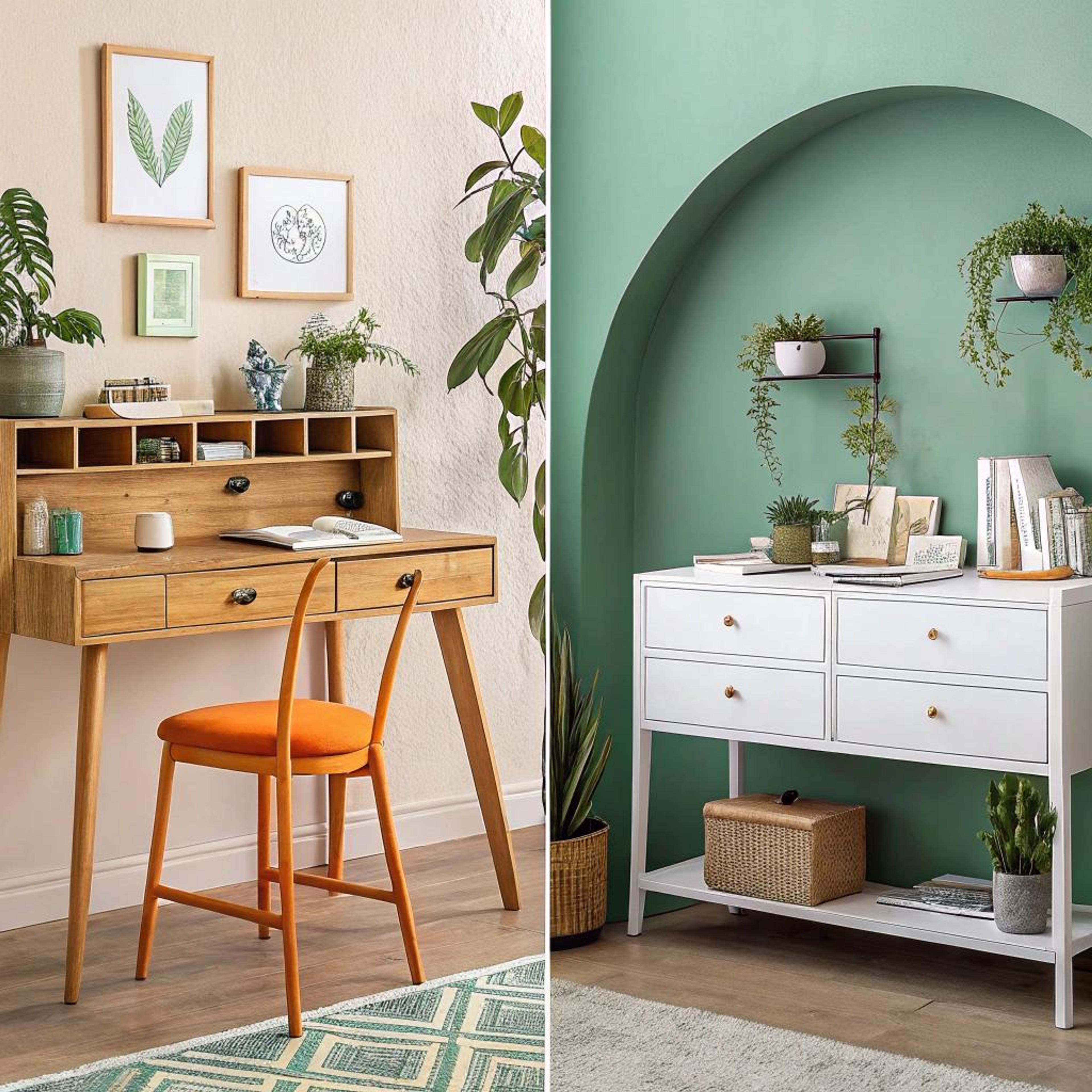 Oranje stoel en botanisch kunstwerk