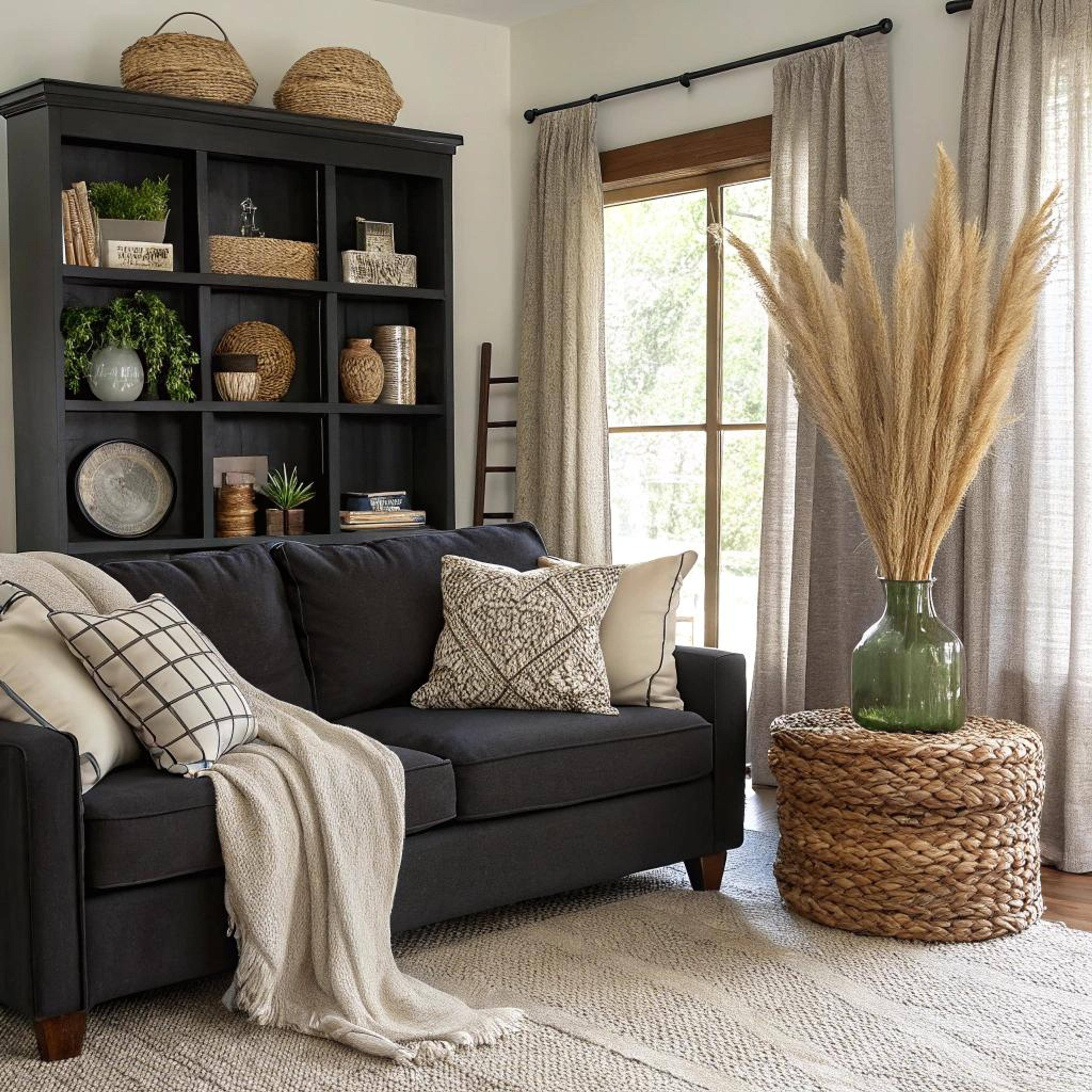 Zwart boekenrek met manden