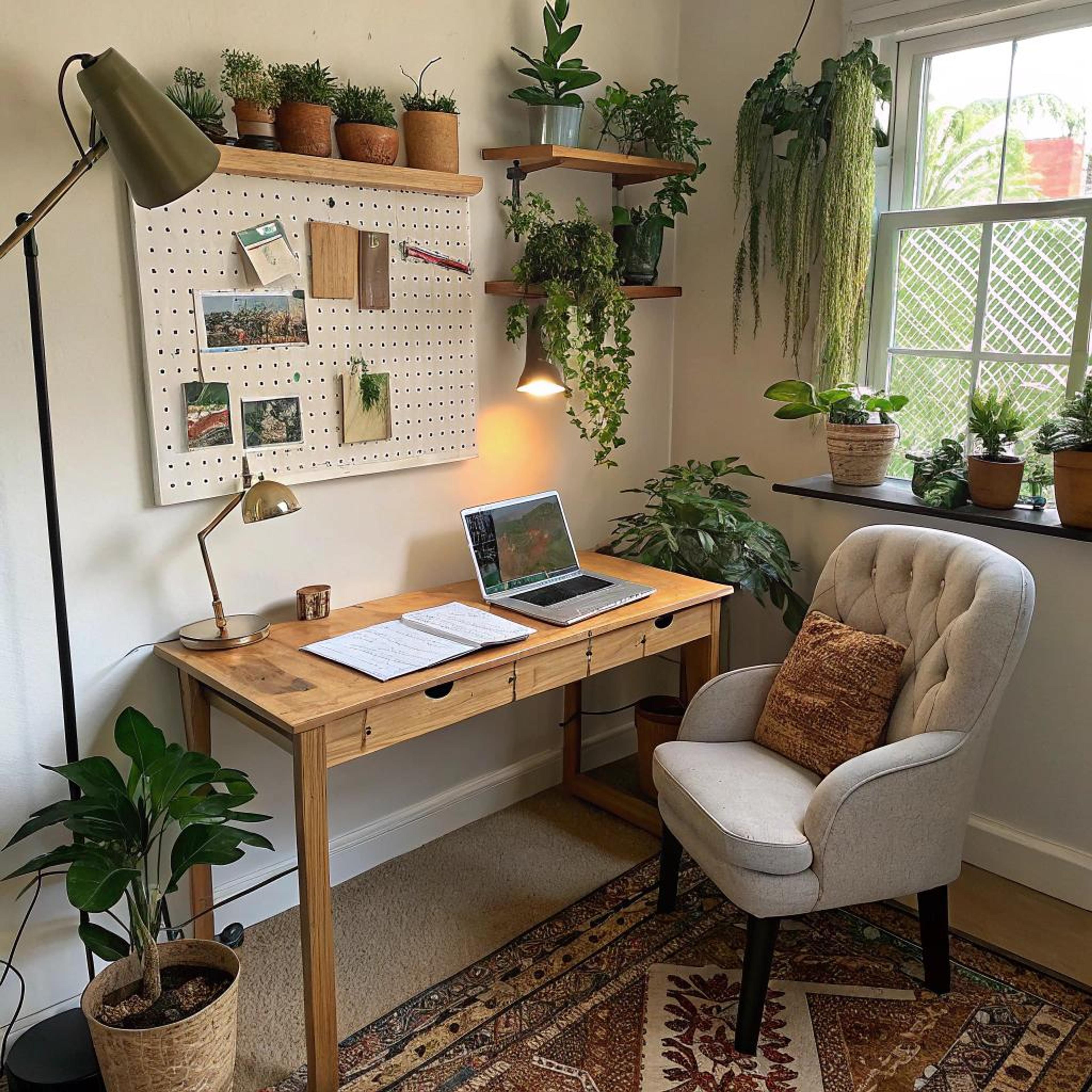 Houten bureau met planten