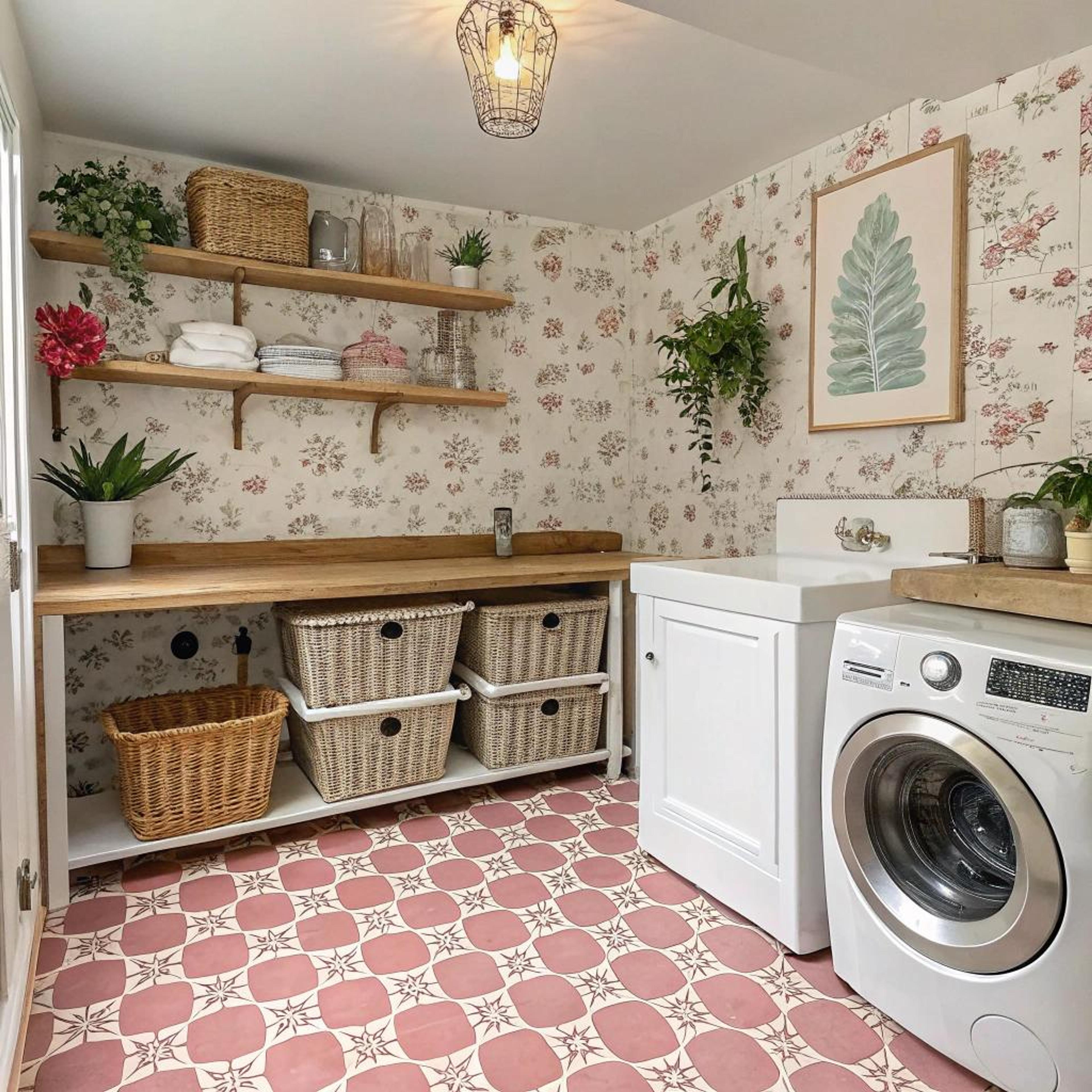 Rieten manden op houten planken