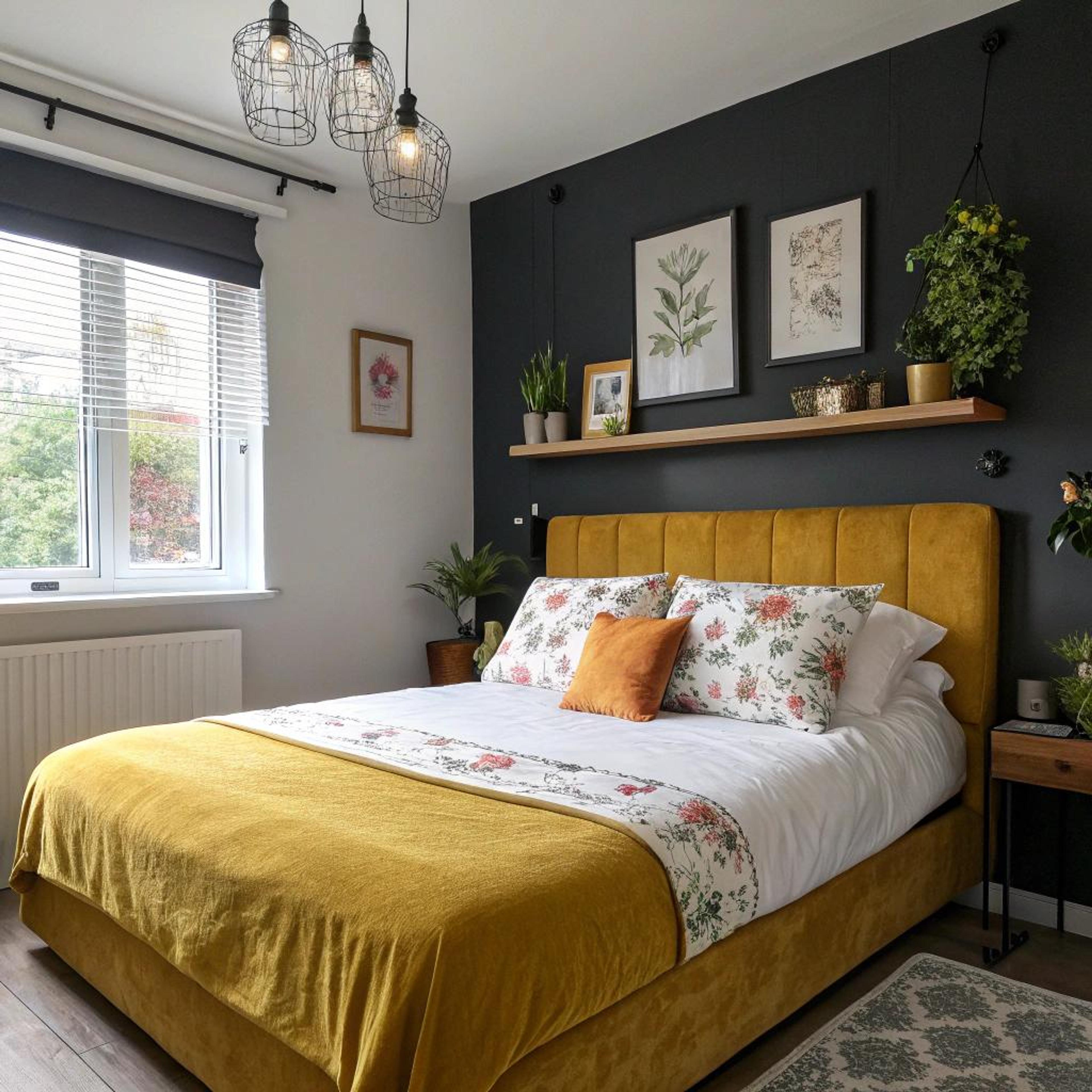 Mosterdgeel bed met verduisterend gordijn