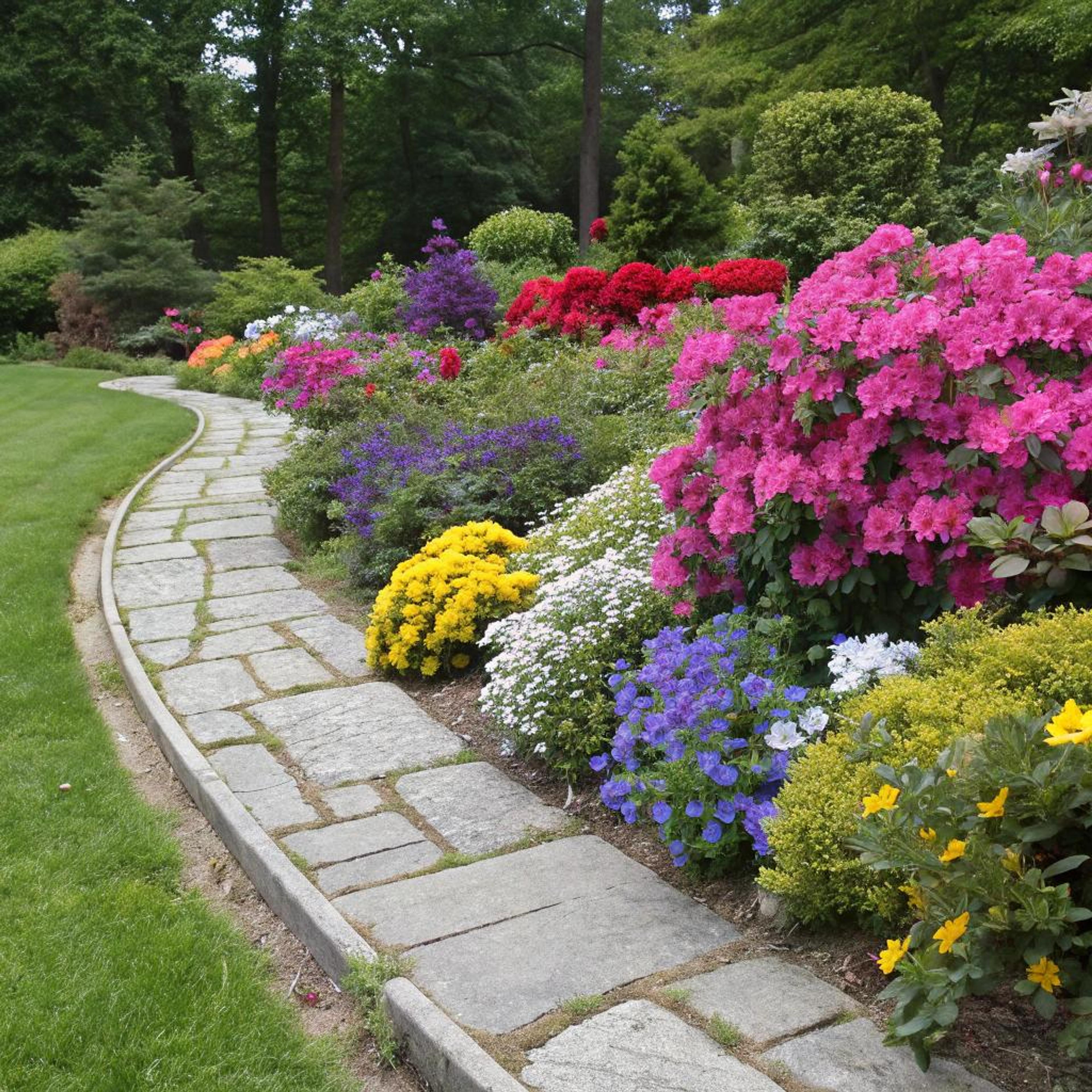 Kleurrijke borders langs tuinpad