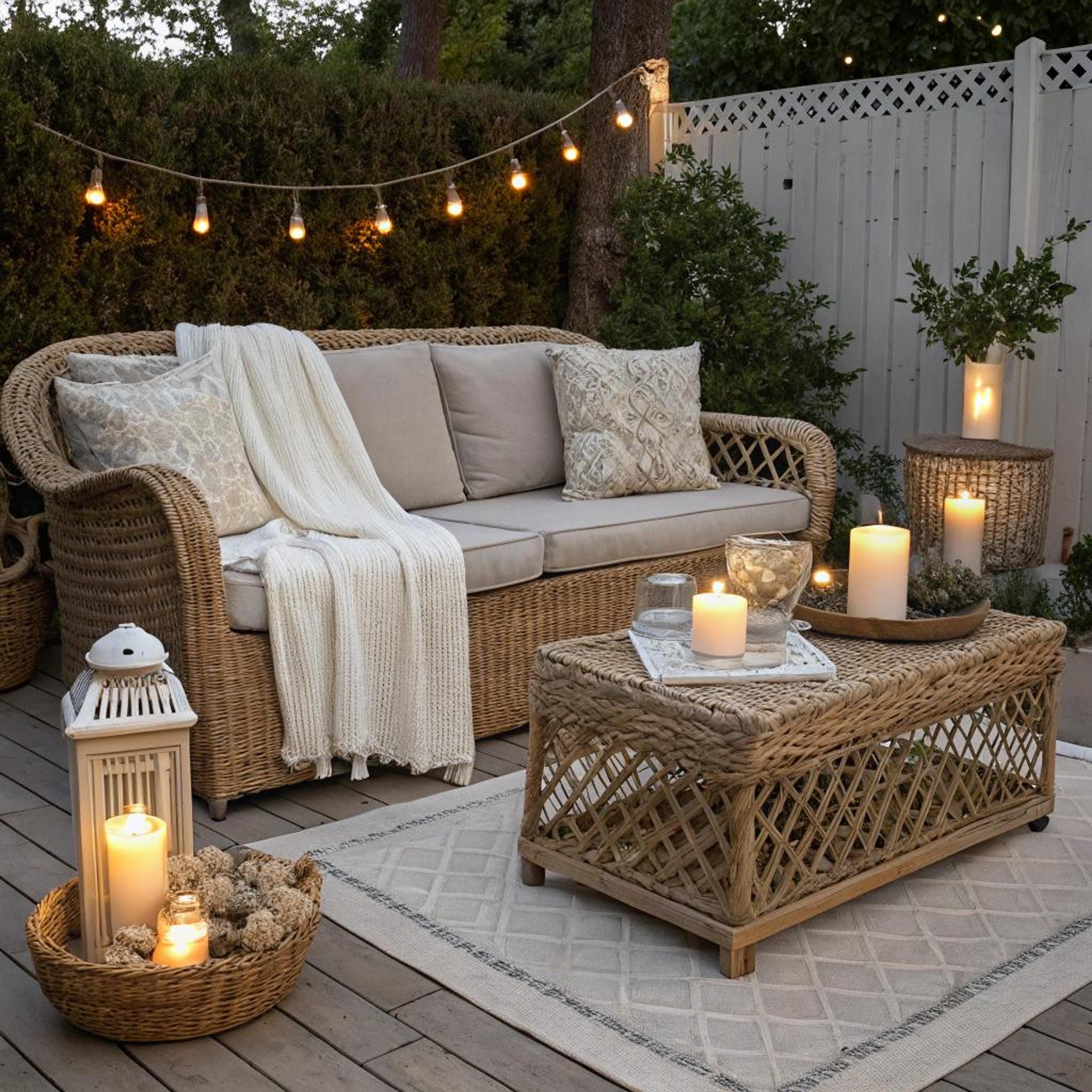 Zachte materialen op rotanbankje