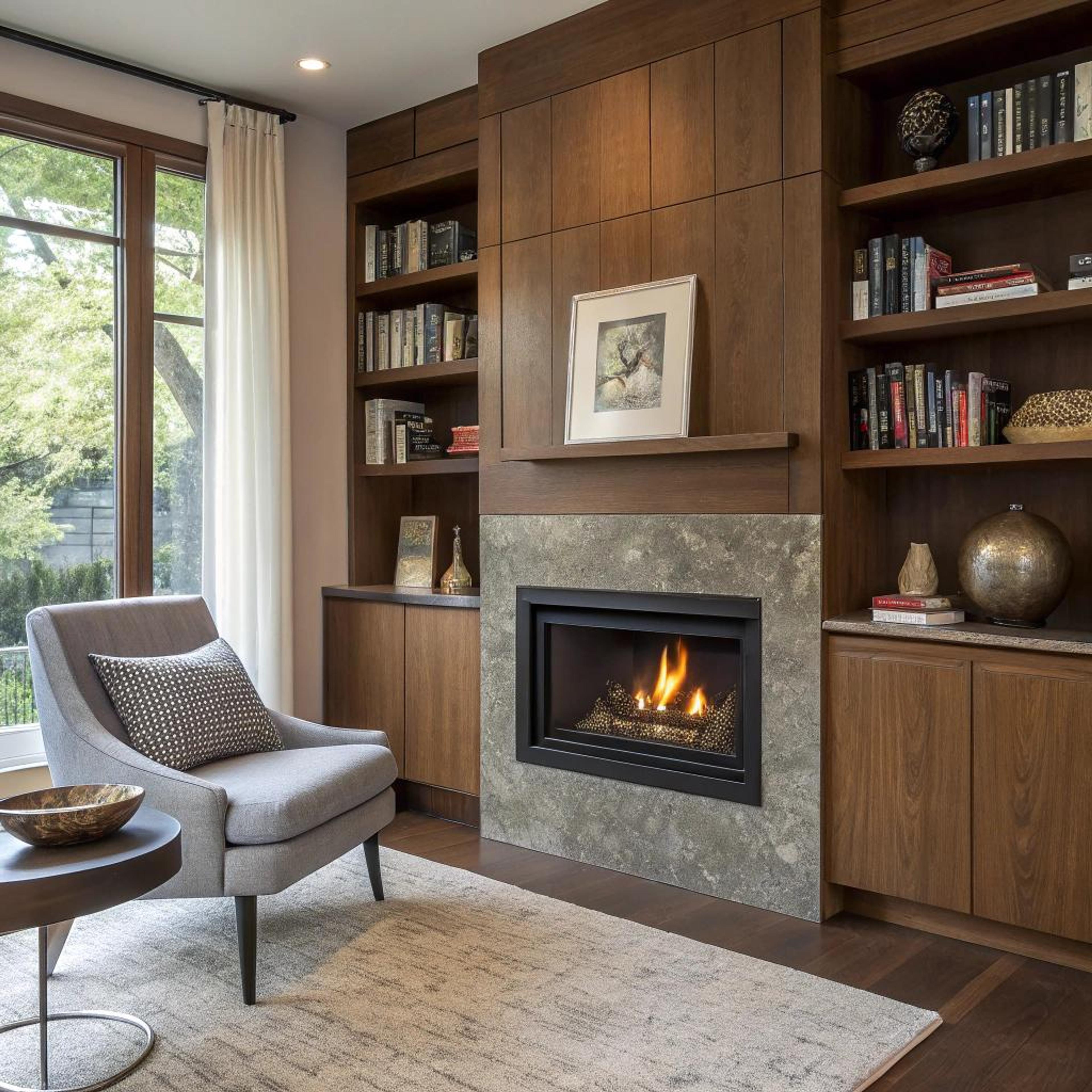 Gezellige leeshoek bij doorkijkhaard