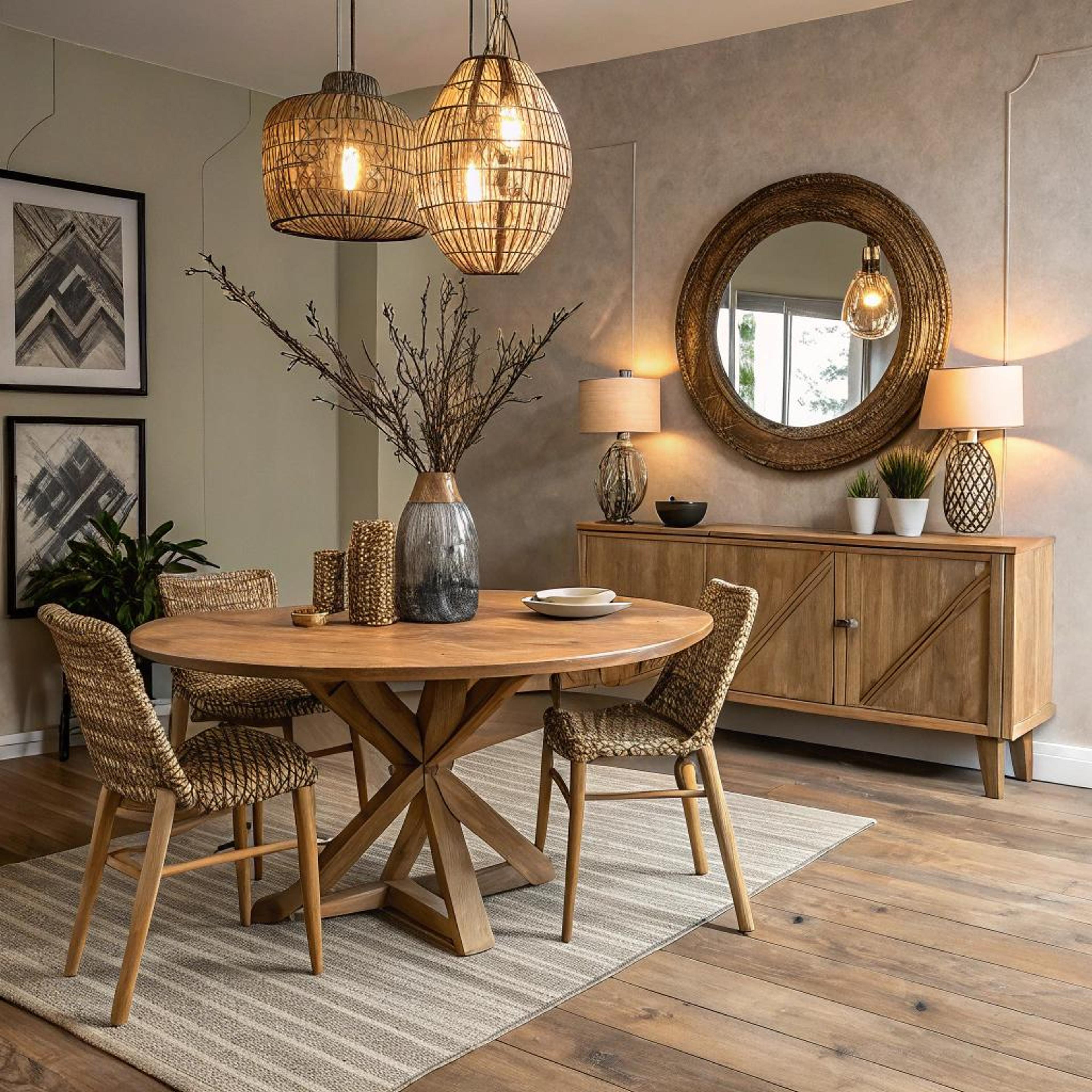 Gevlochten lampen boven hout