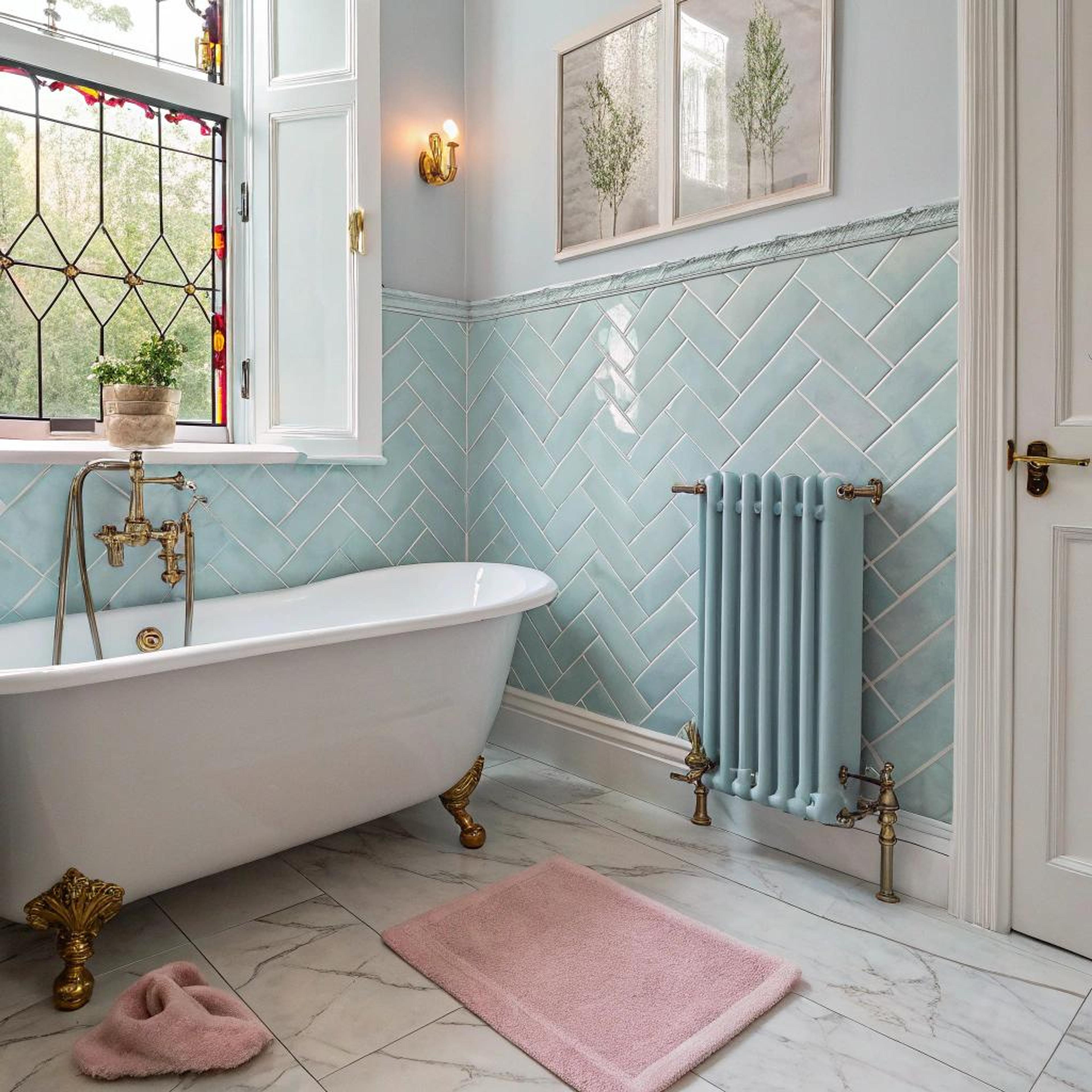 Zachtblauwe visgraat met kleuraccenten