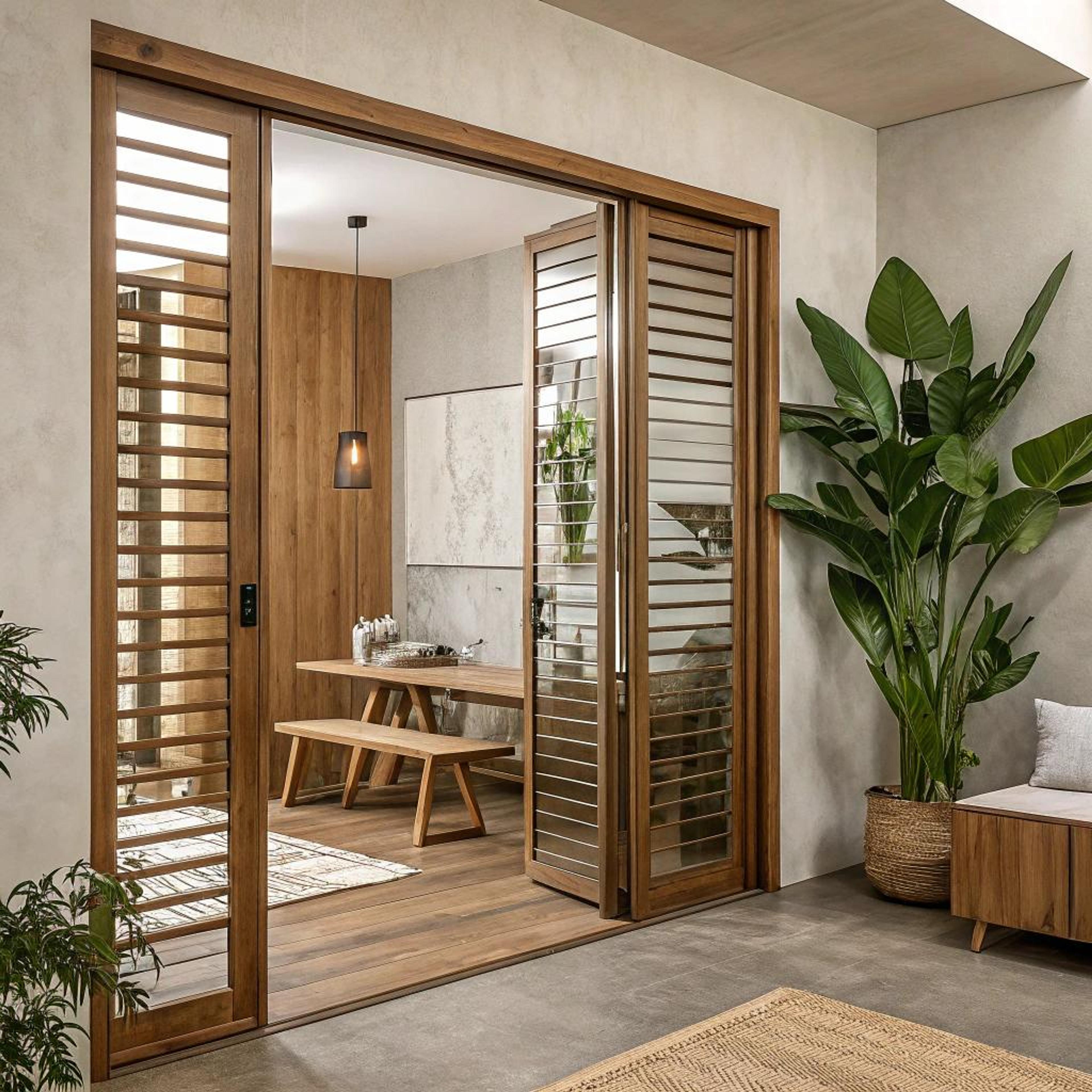 Houten meubels achter glaswanden