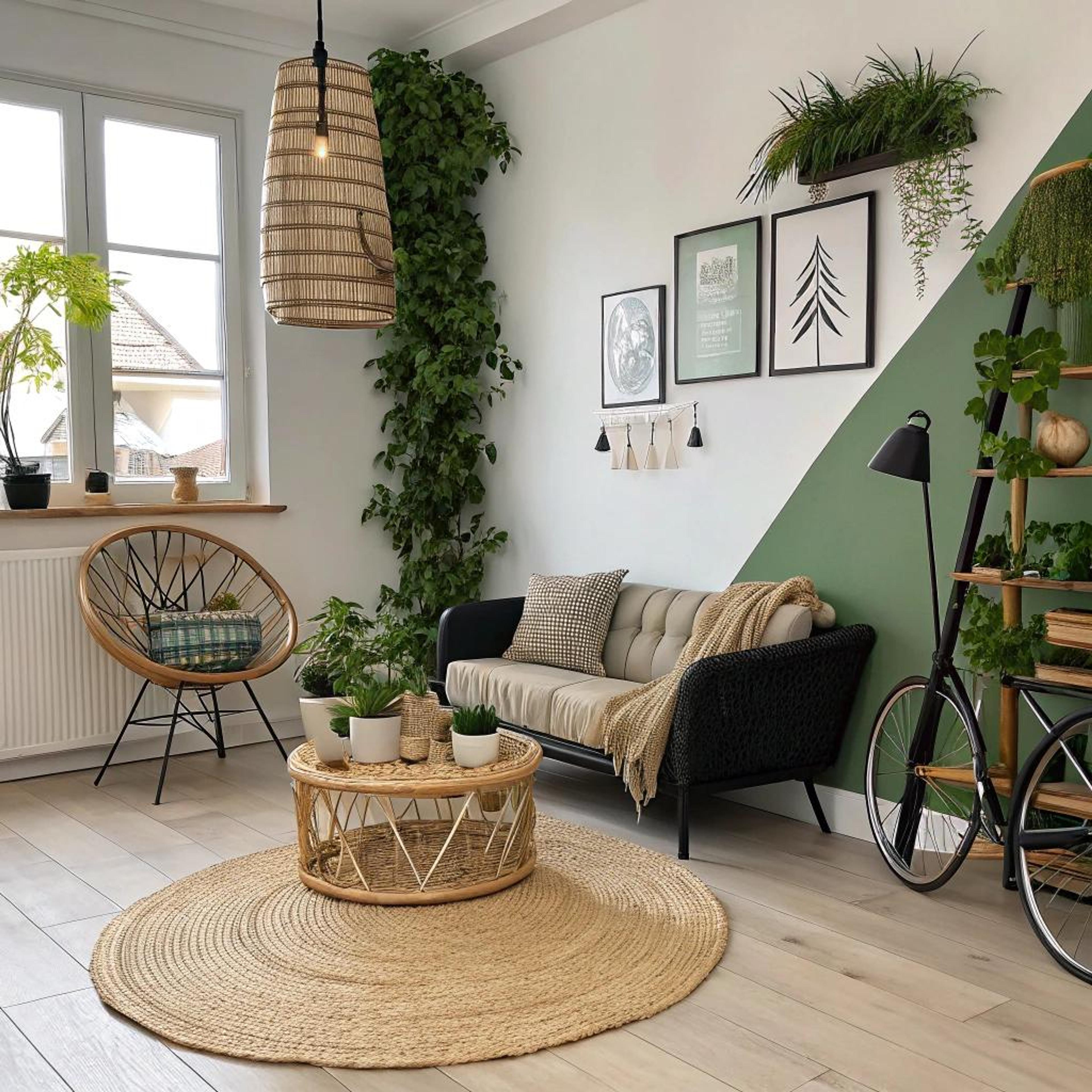 Groene muur met boho accenten
