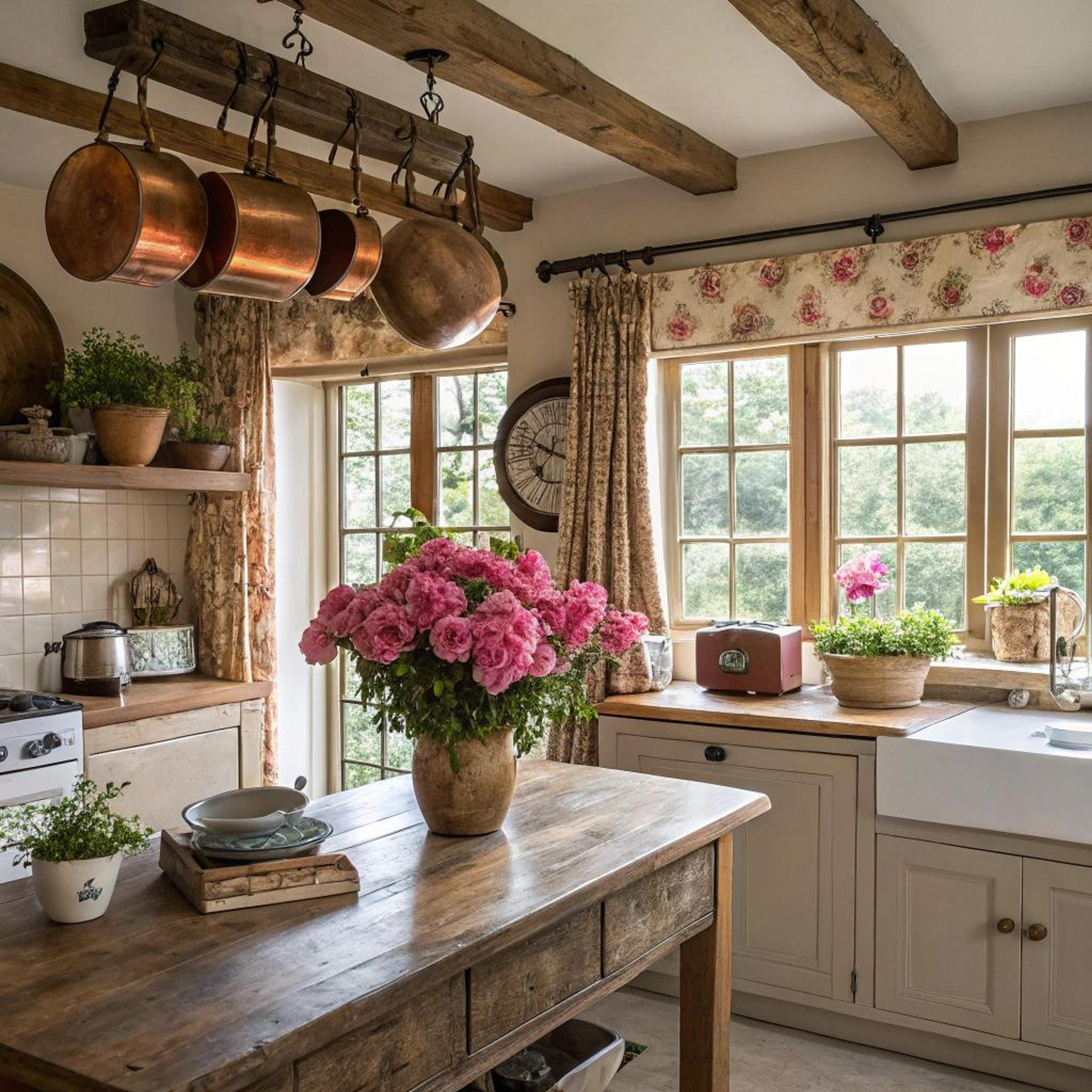 Bloemen en koper in de keuken