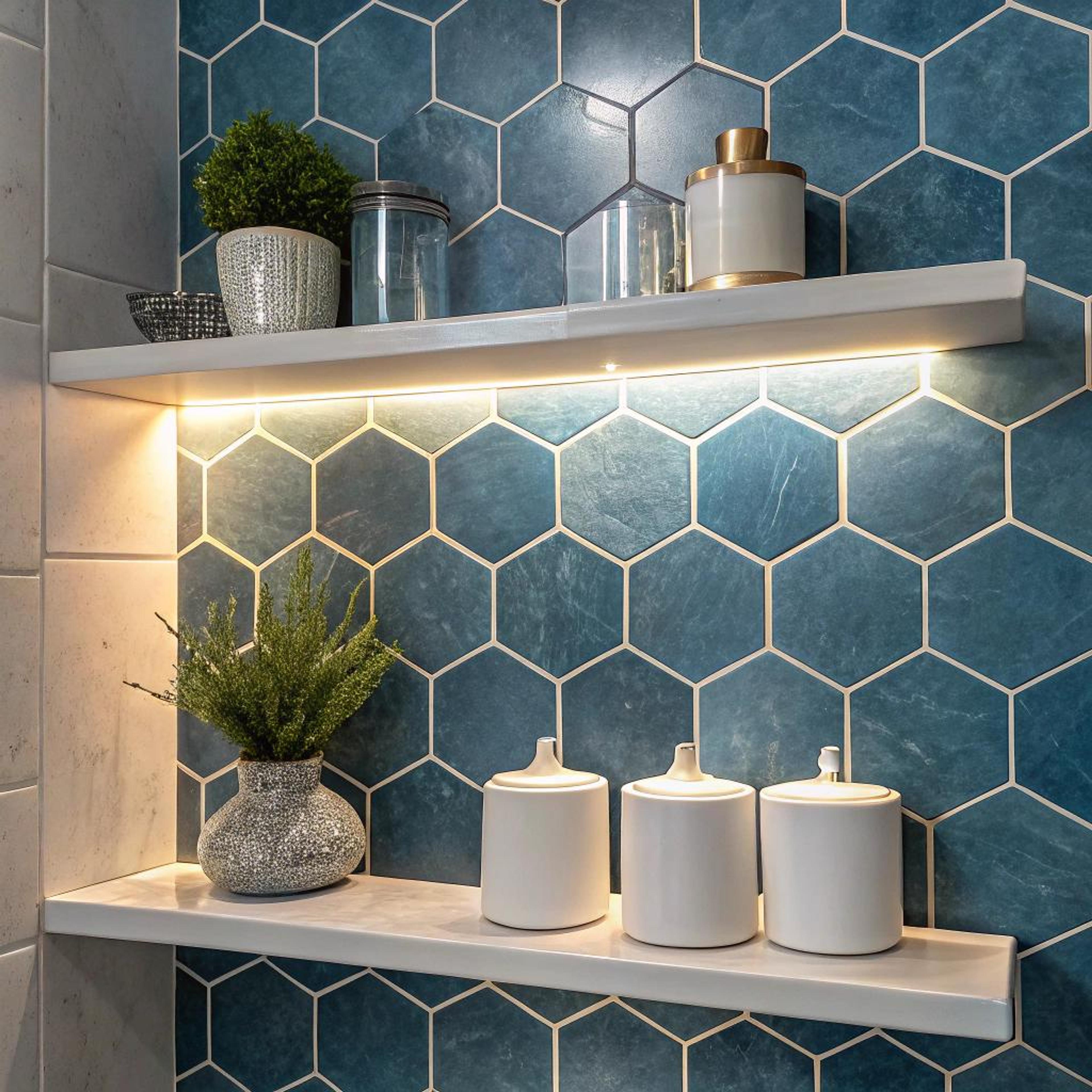 Blauwe hexagon tegels als statement