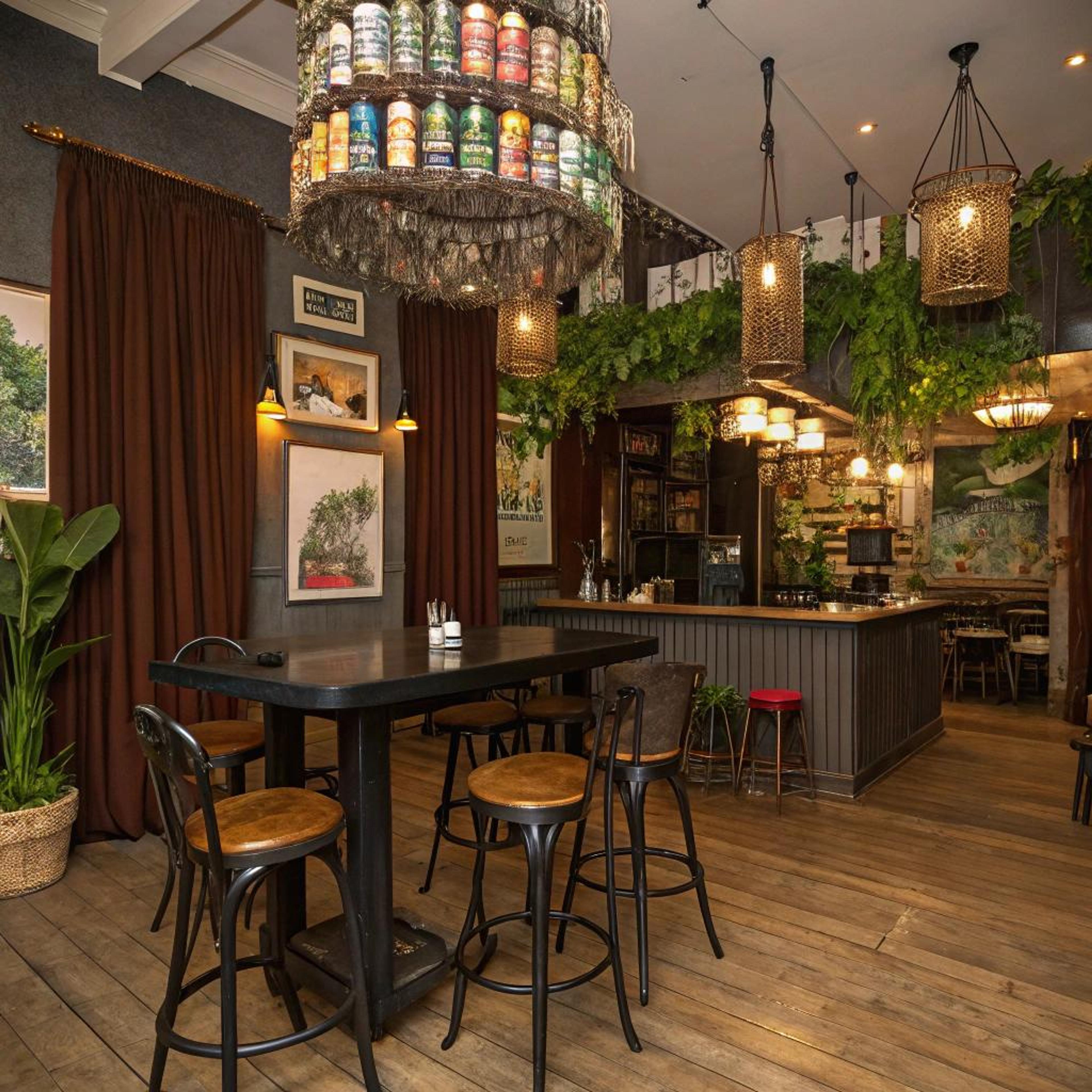 Bruine cafe gordijnen met groen