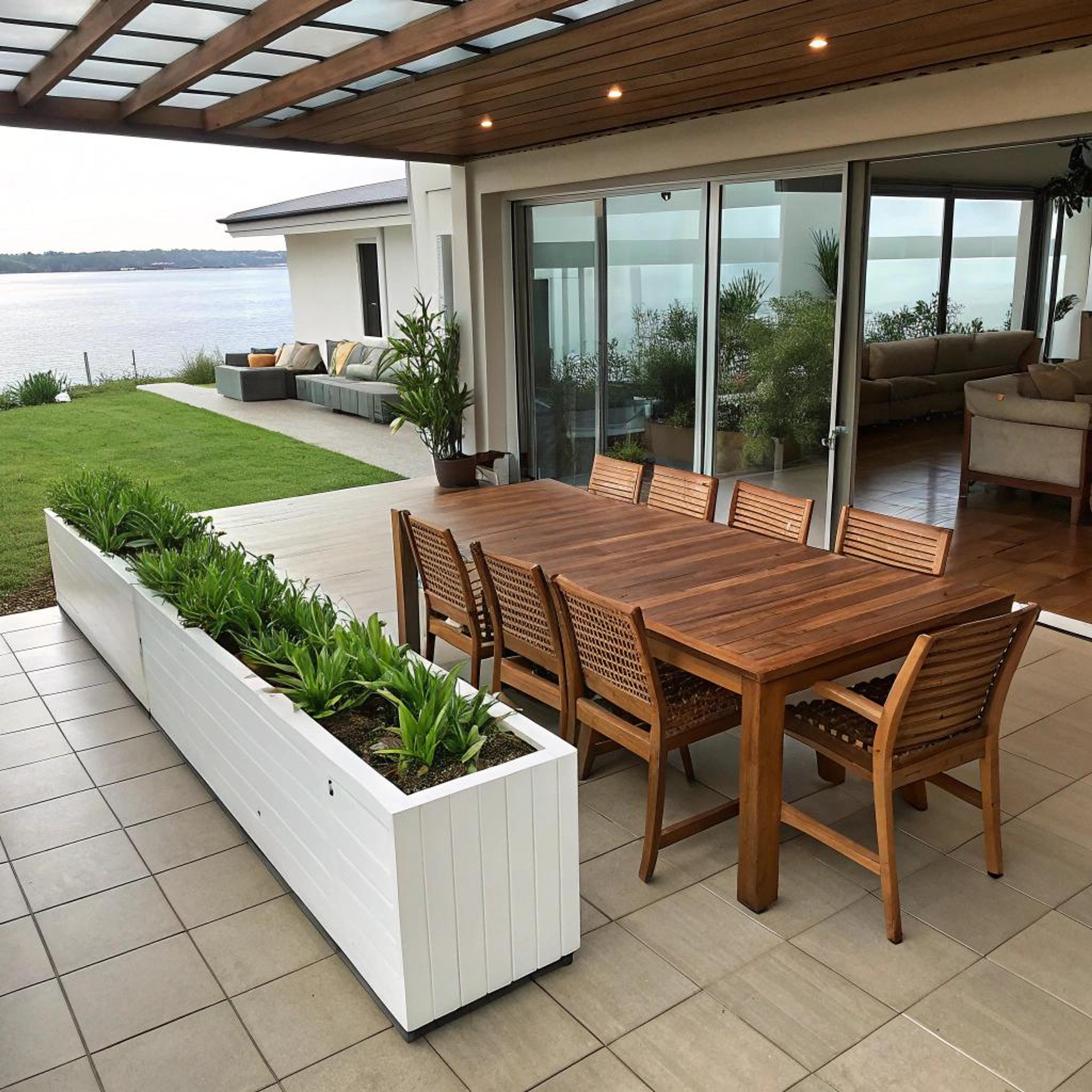 Houten eettafel bij pergola