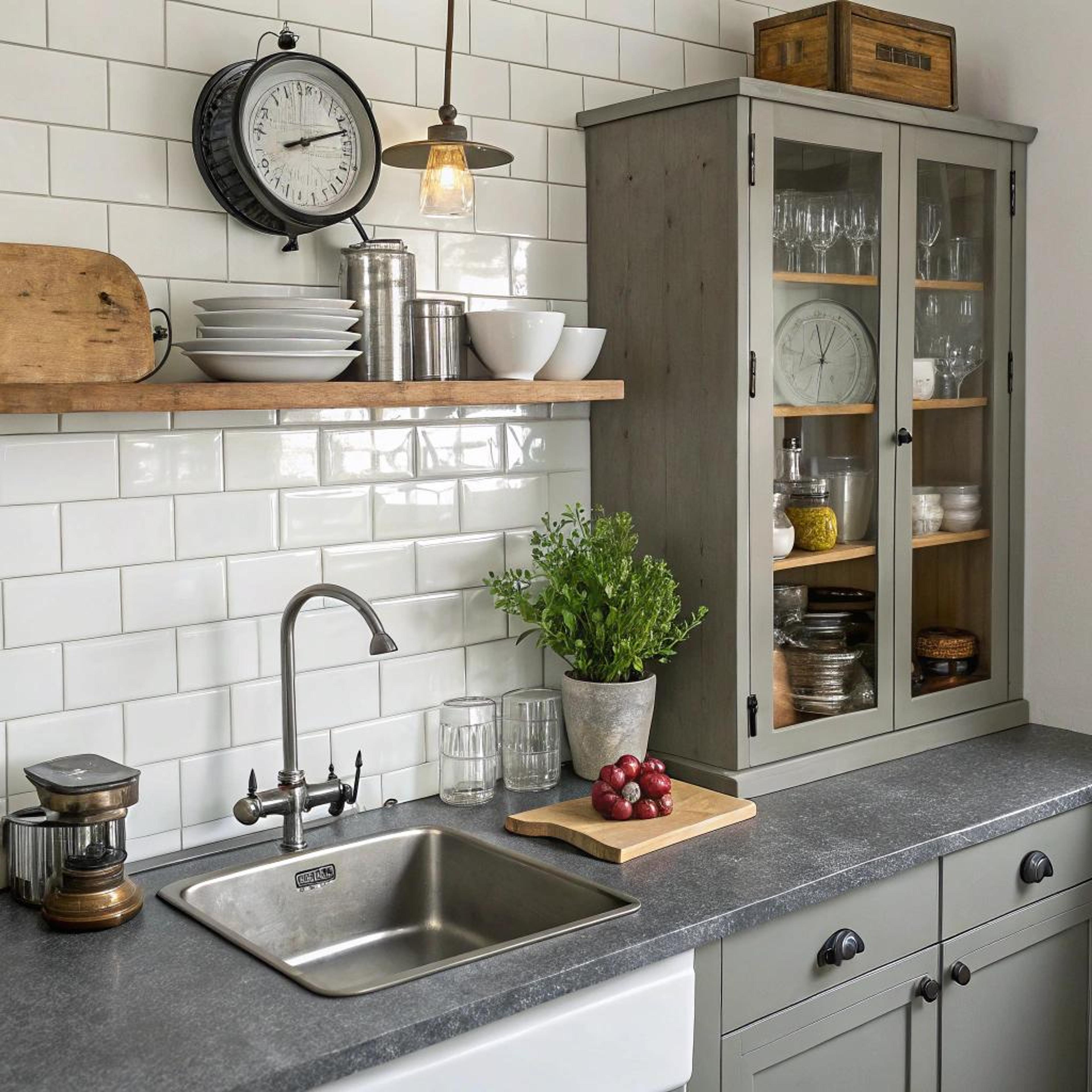 Grijs vitrinekastje met hout