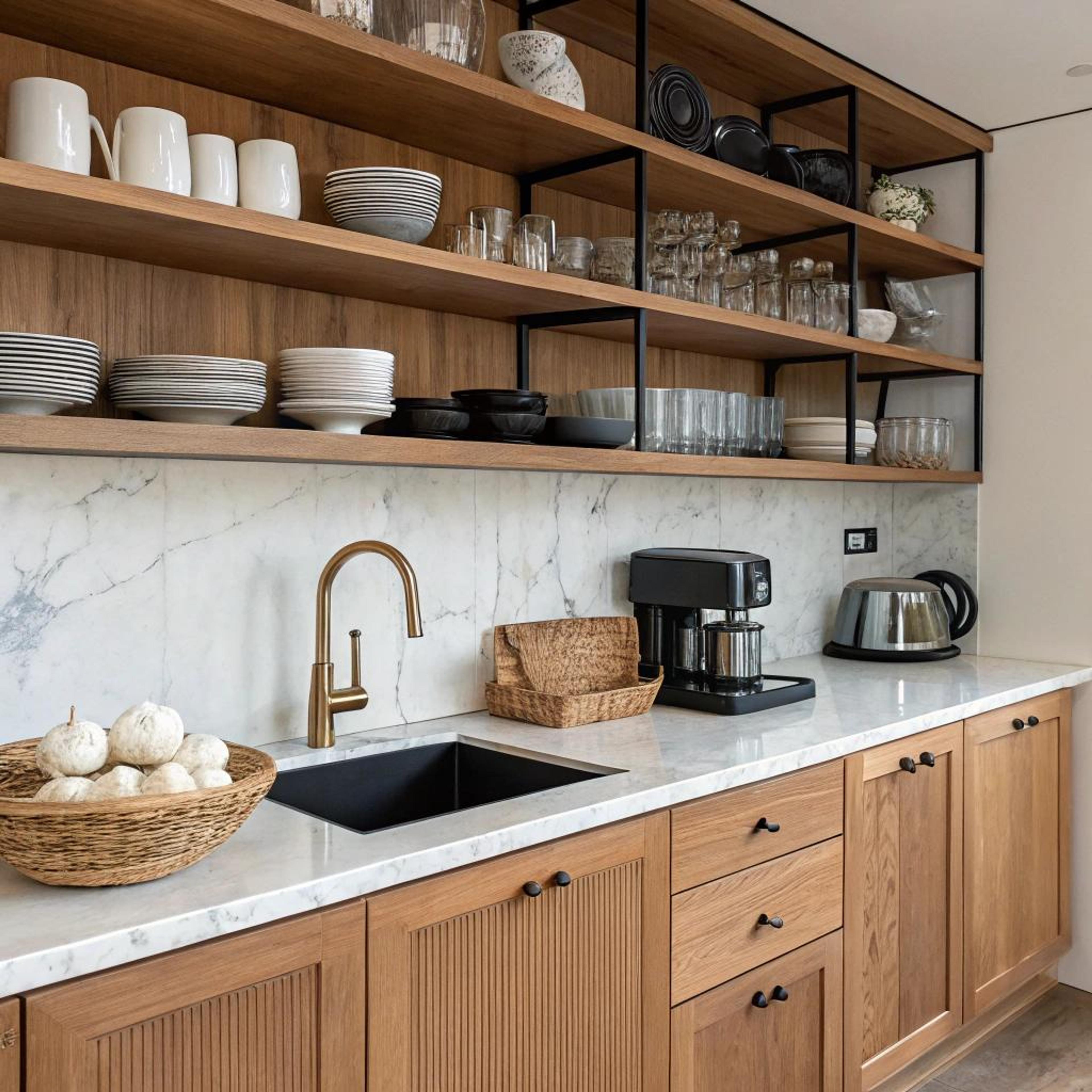 Open planken met serviesdisplay