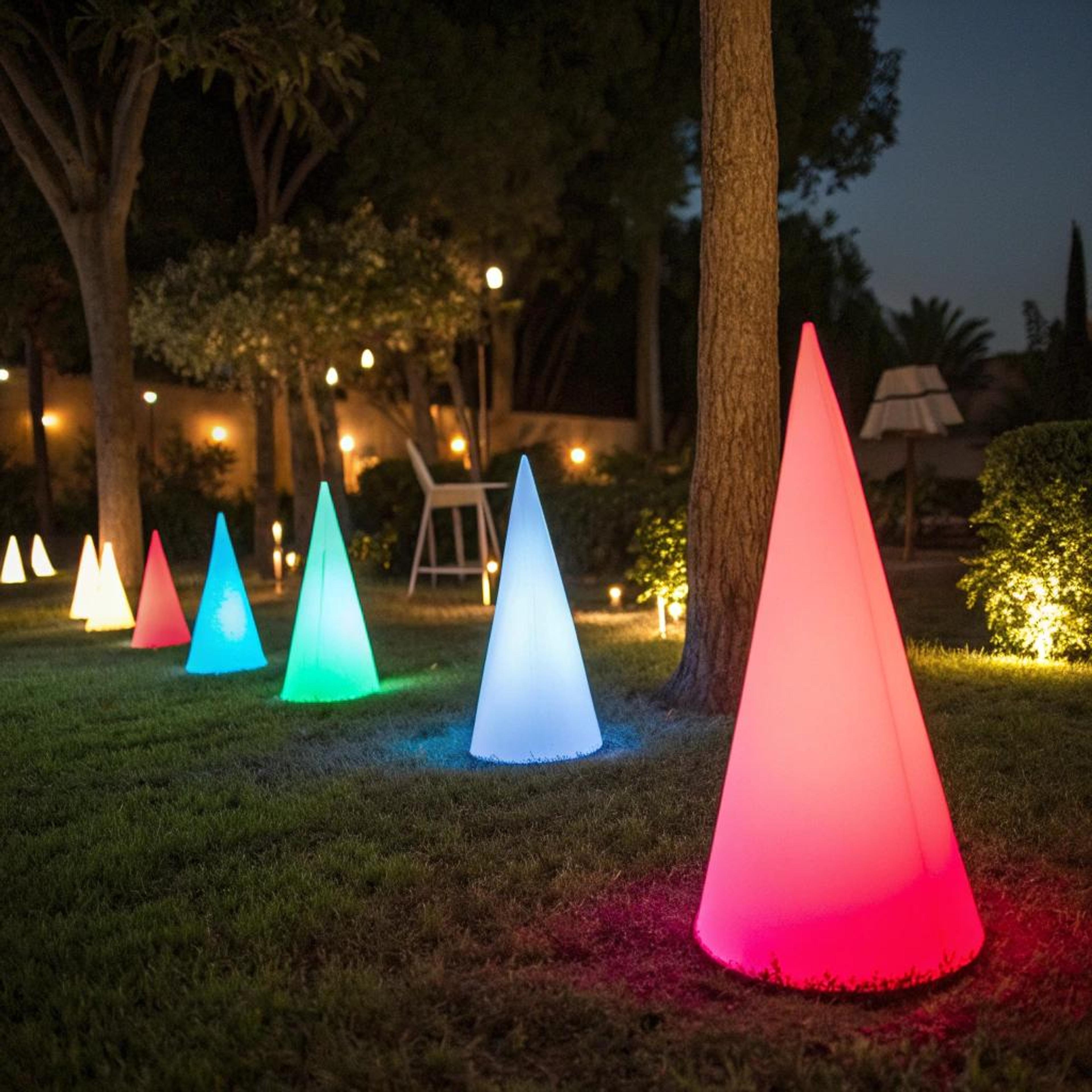 Kleurrijke lichtkegels in tuin