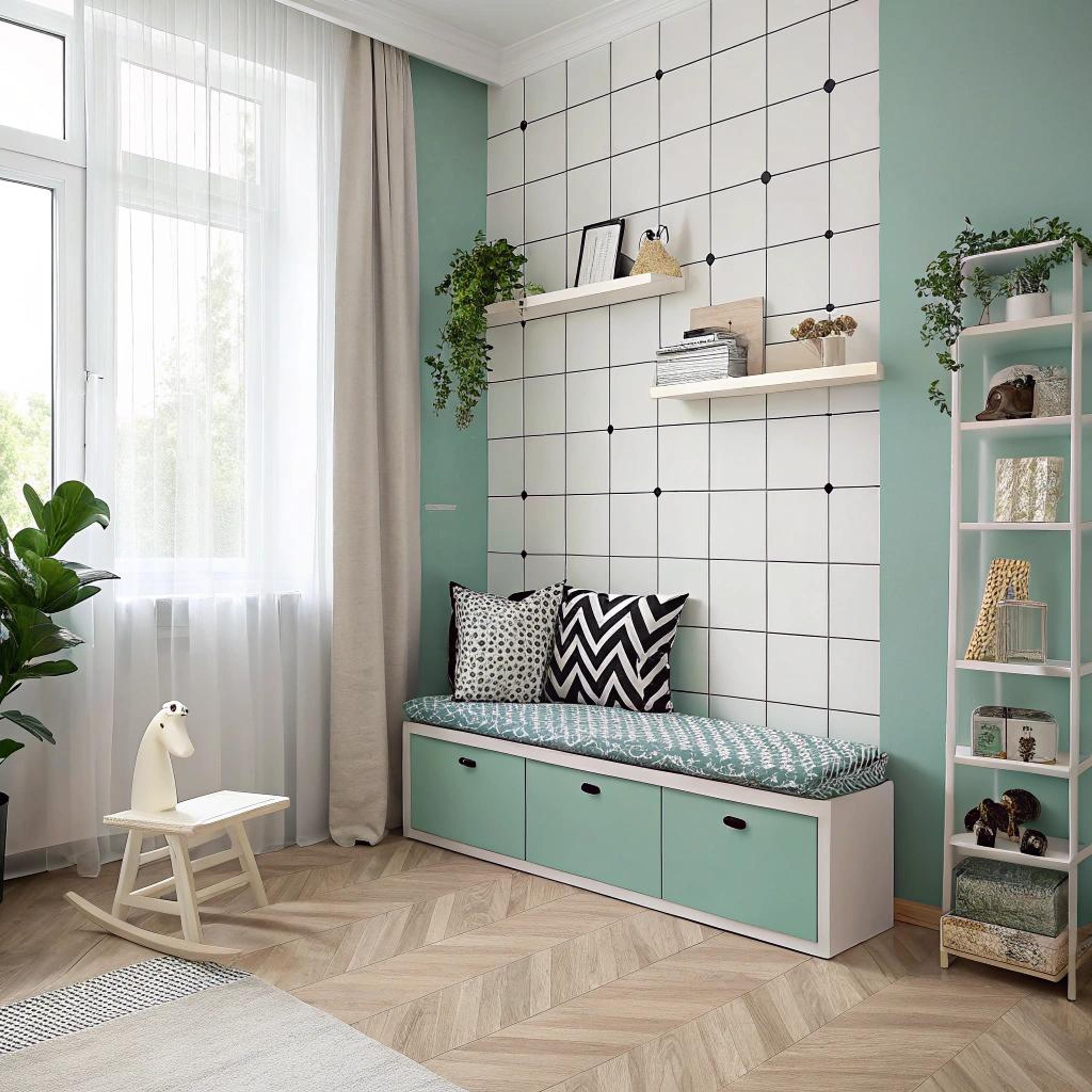 Mintgroene accenten in speelhoek