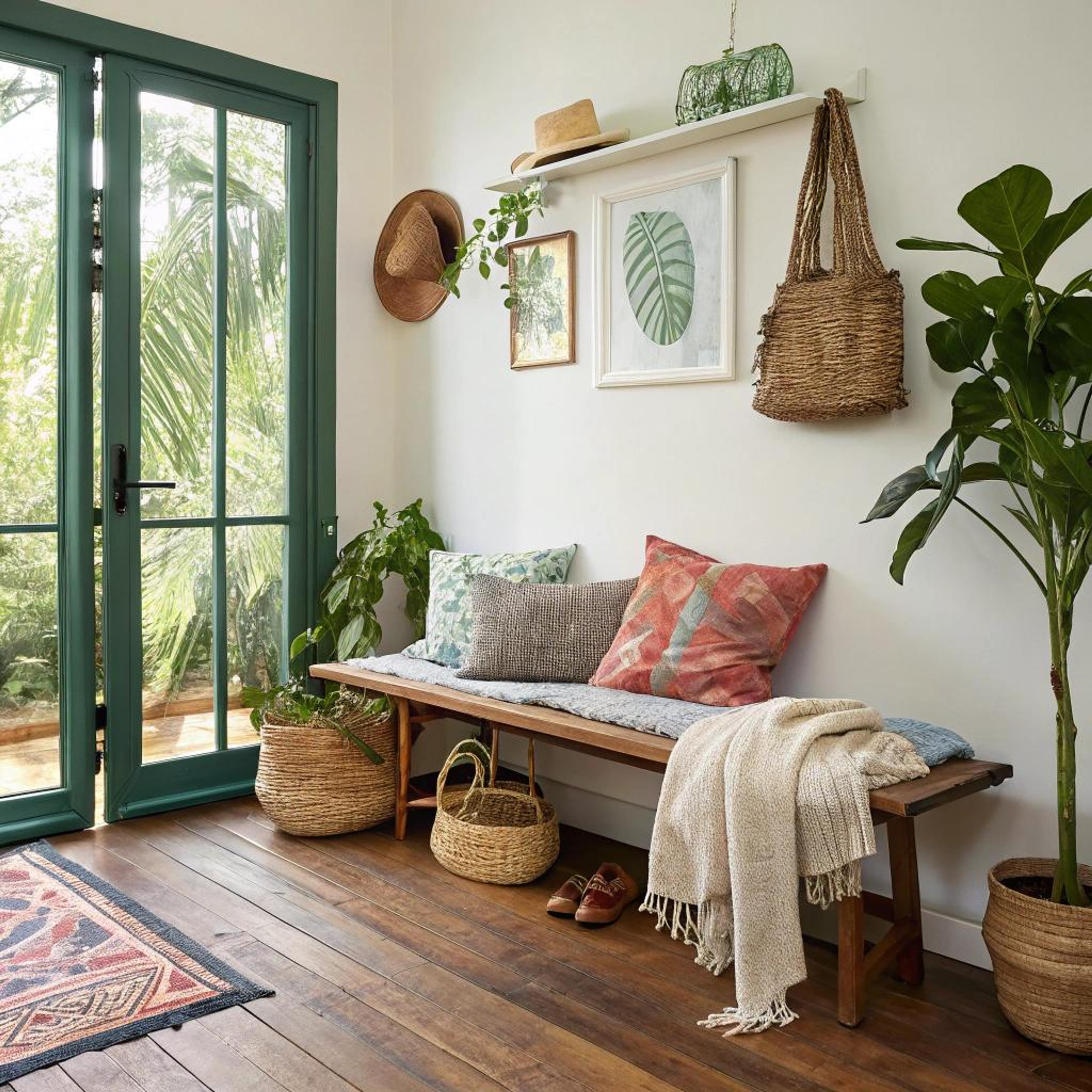 Rustieke bank met kleurkussens