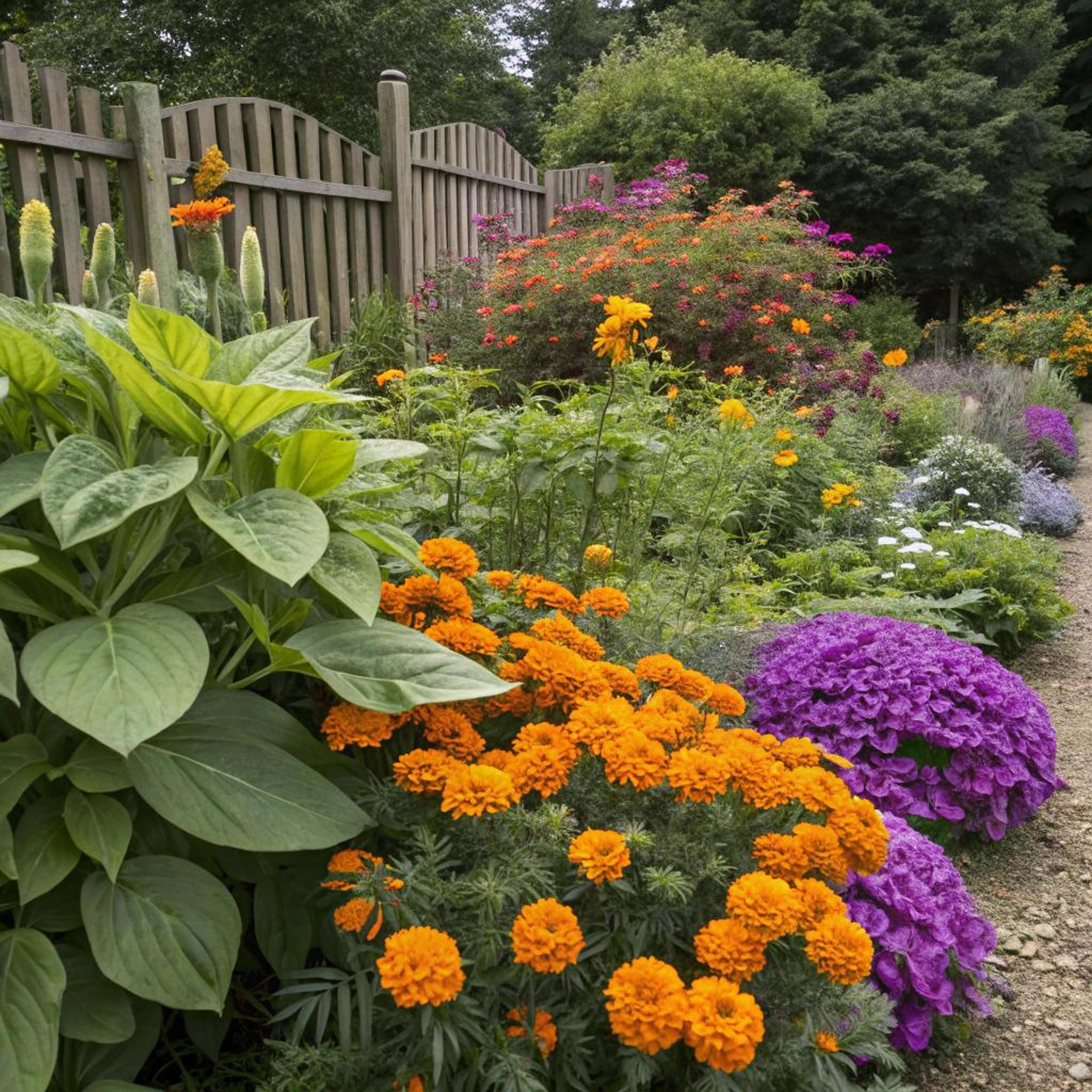 Oranje bloemen voor houten hek
