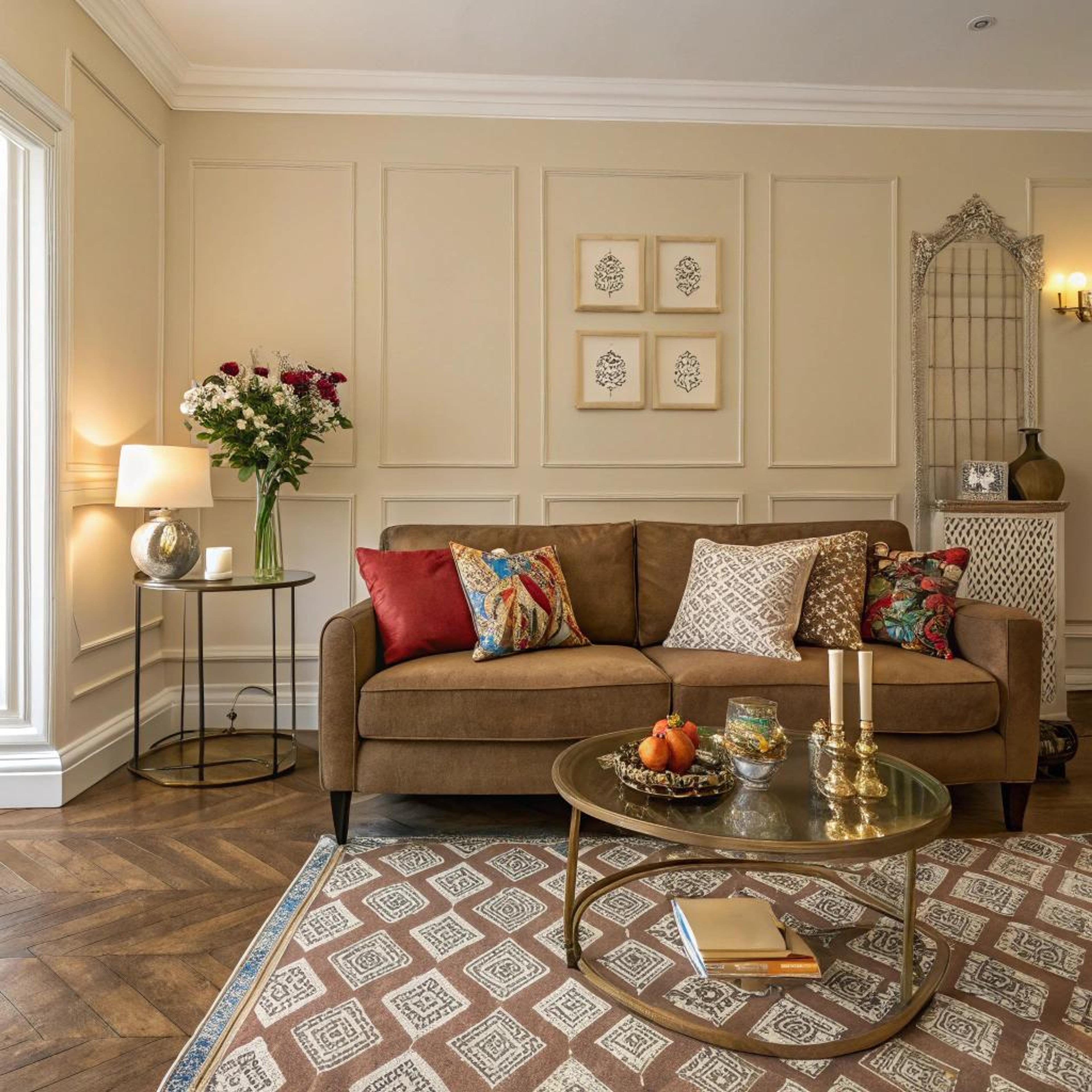 Rijke kussens op bruine bank