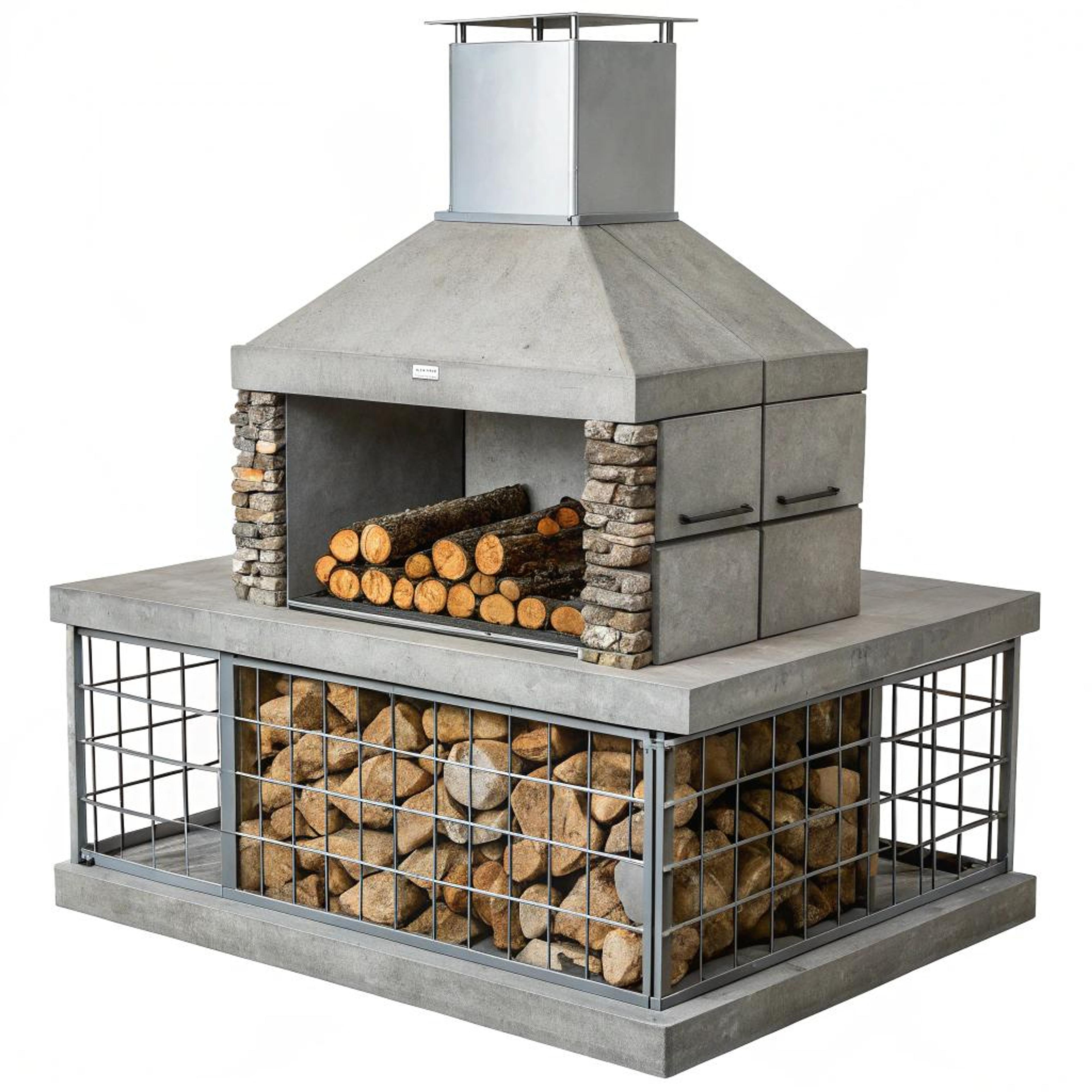 Industriële doorkijkhaard met steen