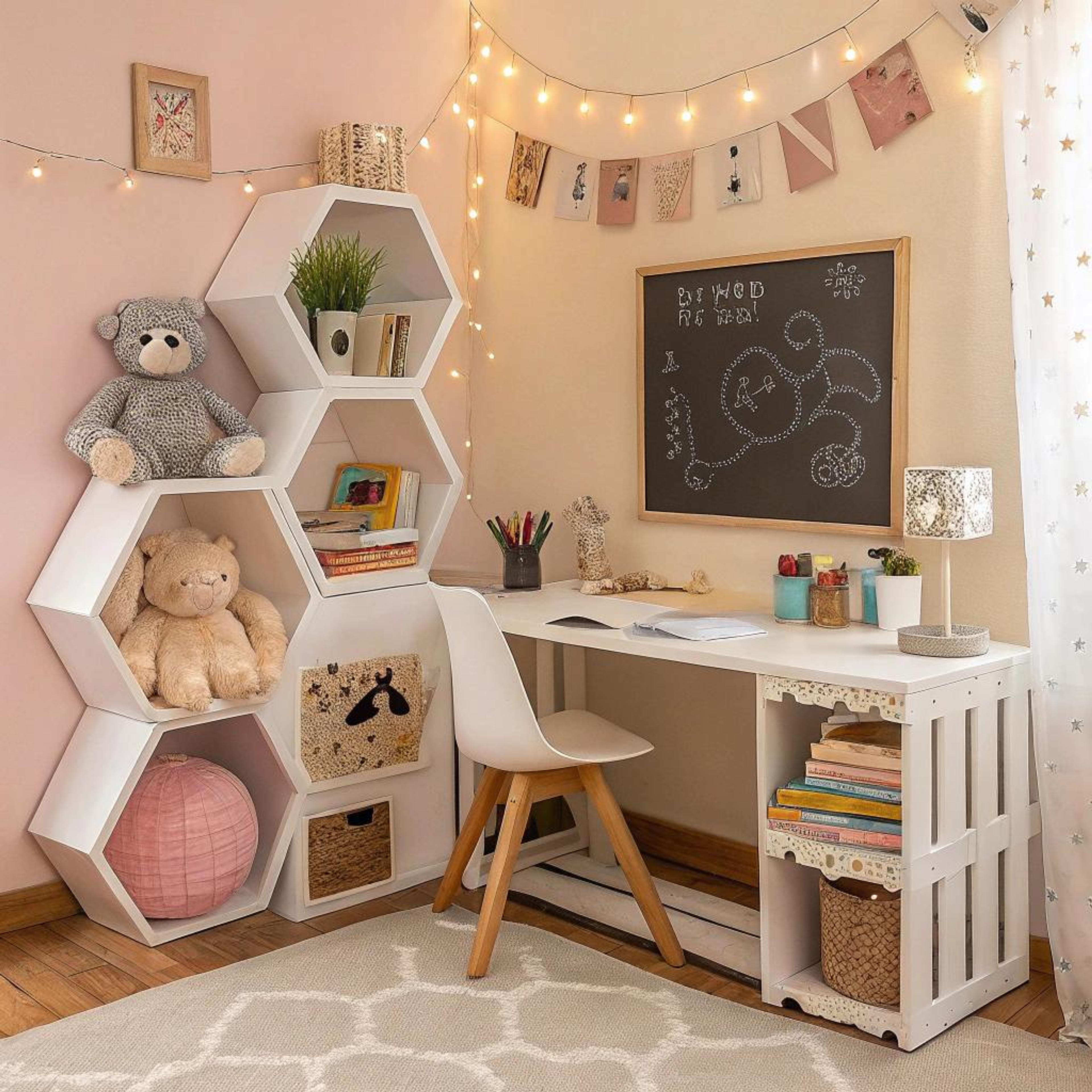 Hexagonale wandplanken met knuffels