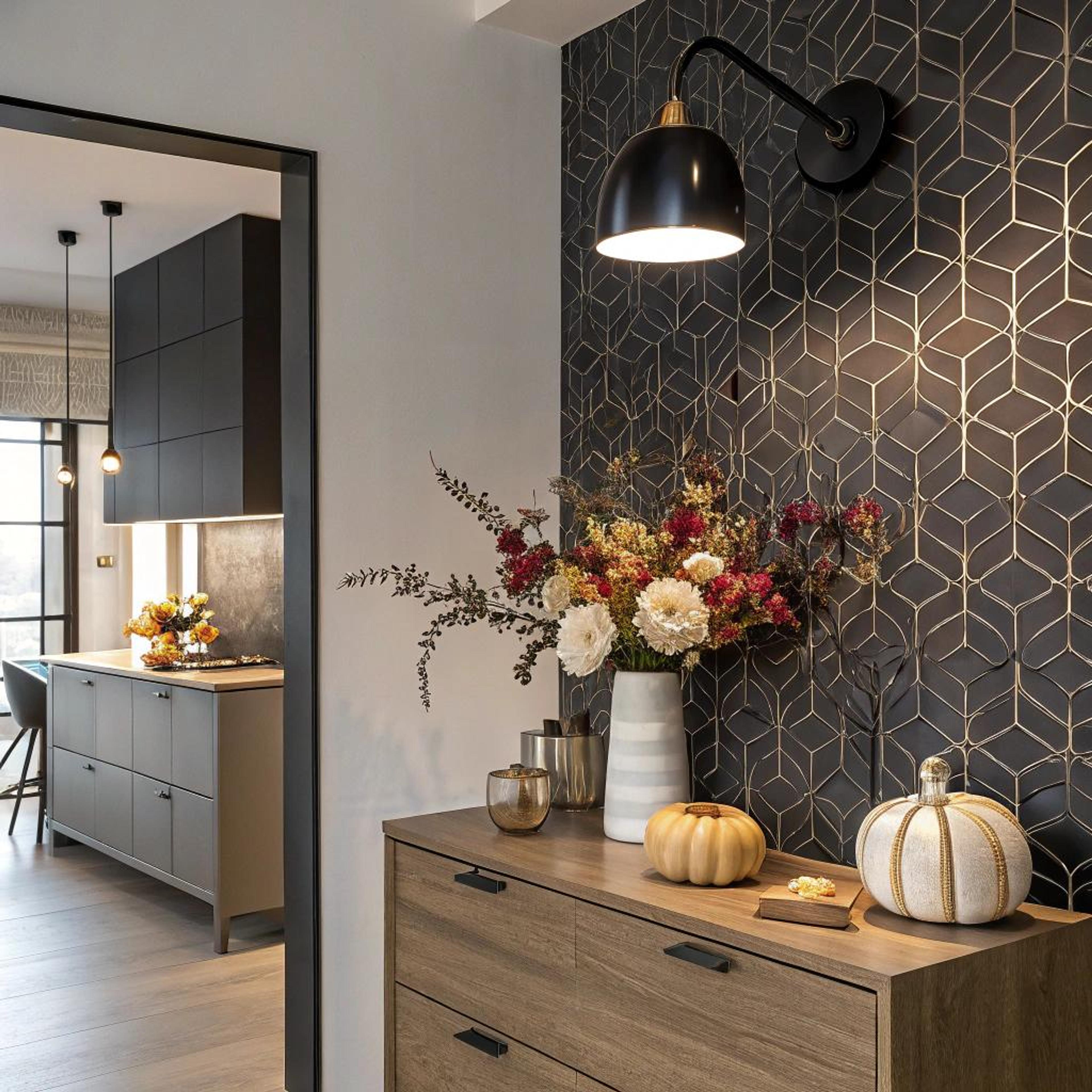 Geometrisch behang en herfstboeket