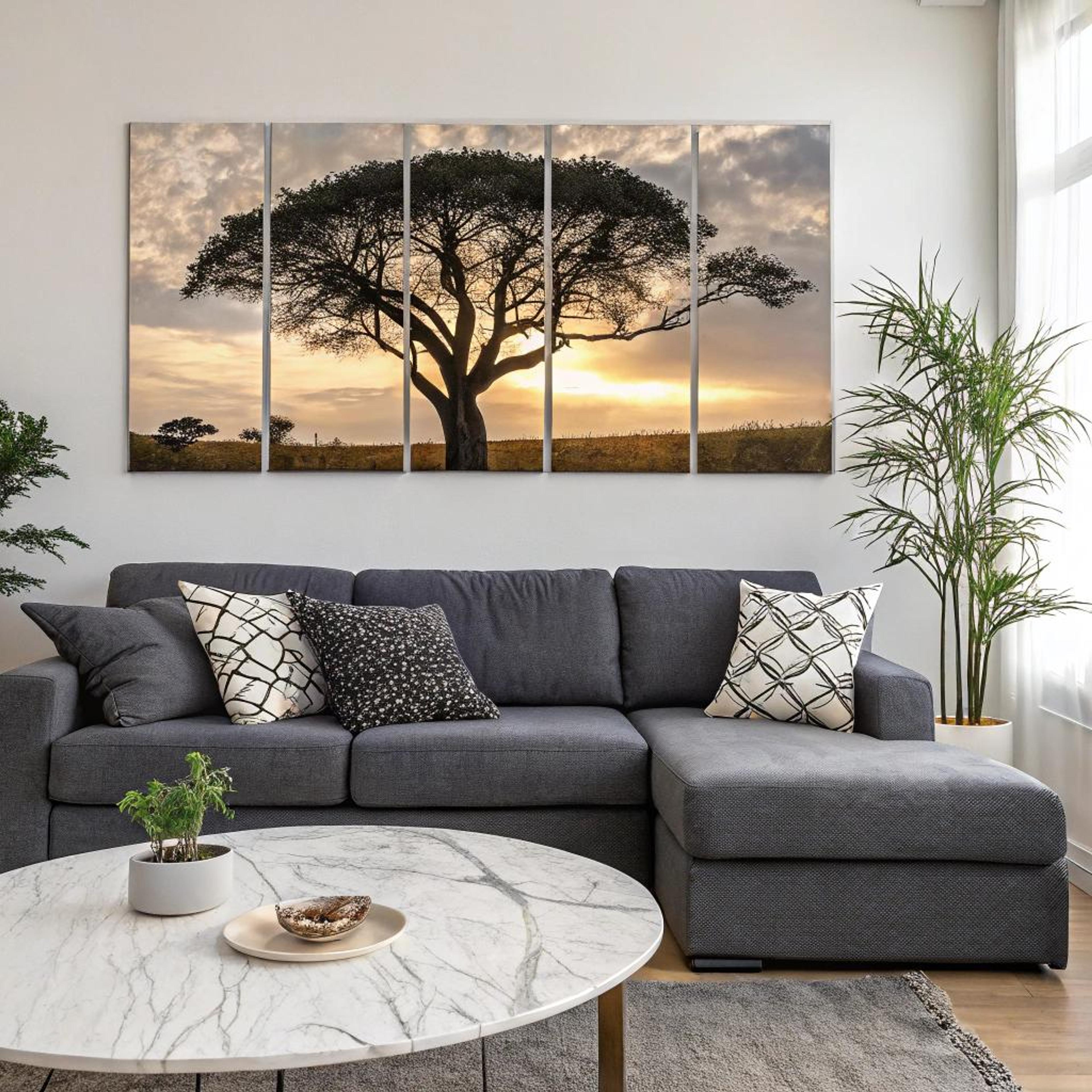 Panelen met zonsondergang en boom