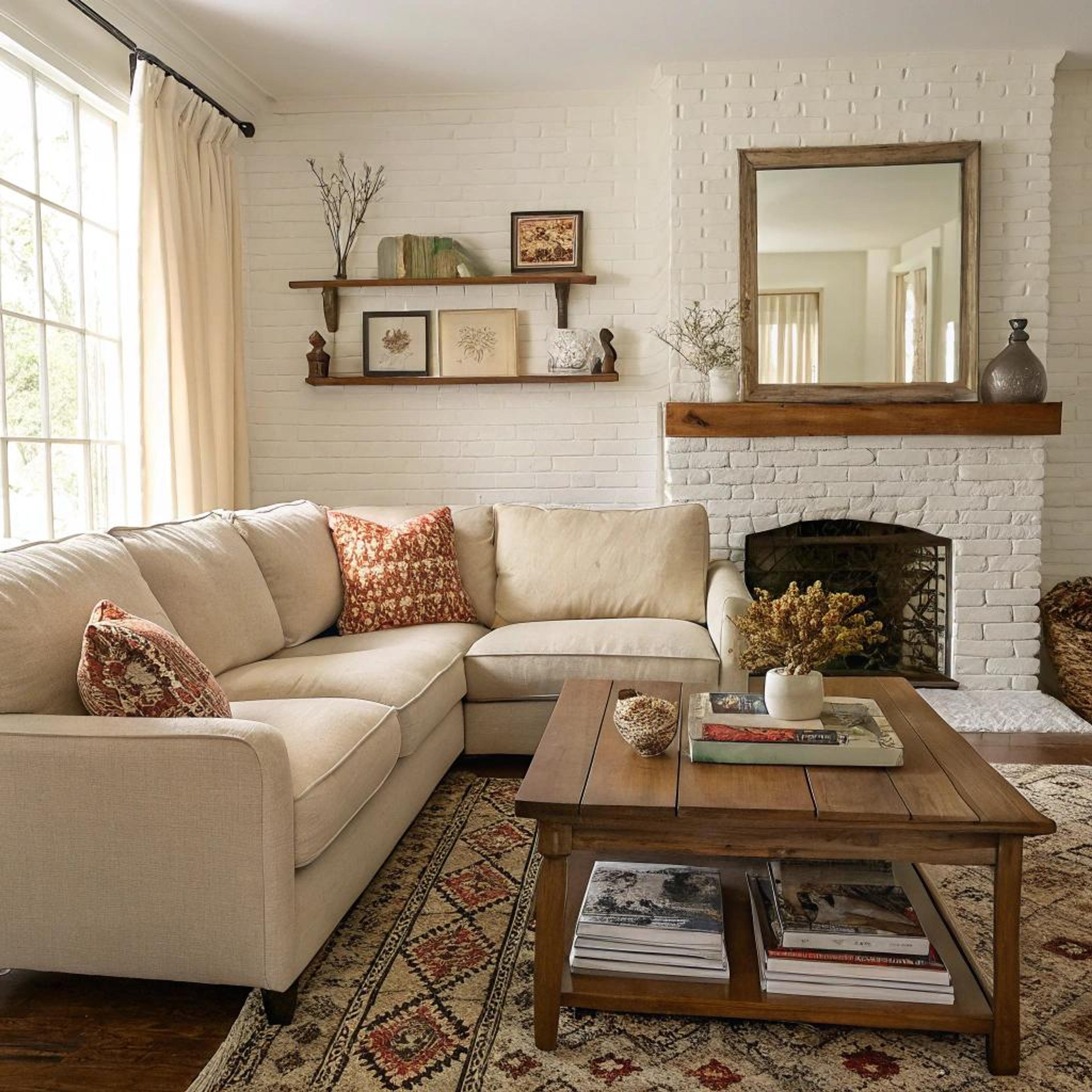 Beige zithoek met rode accenten