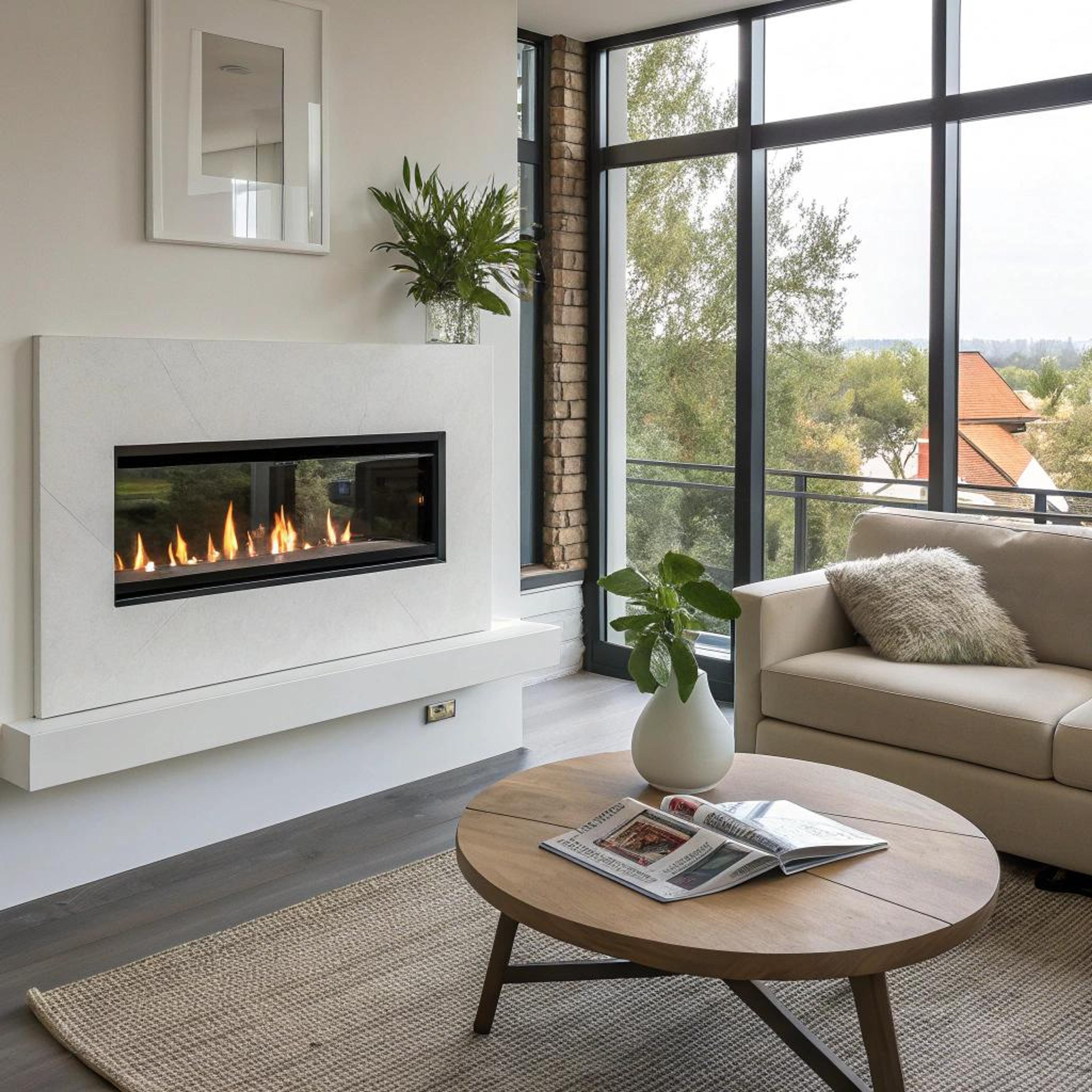 Beige bank en moderne haard