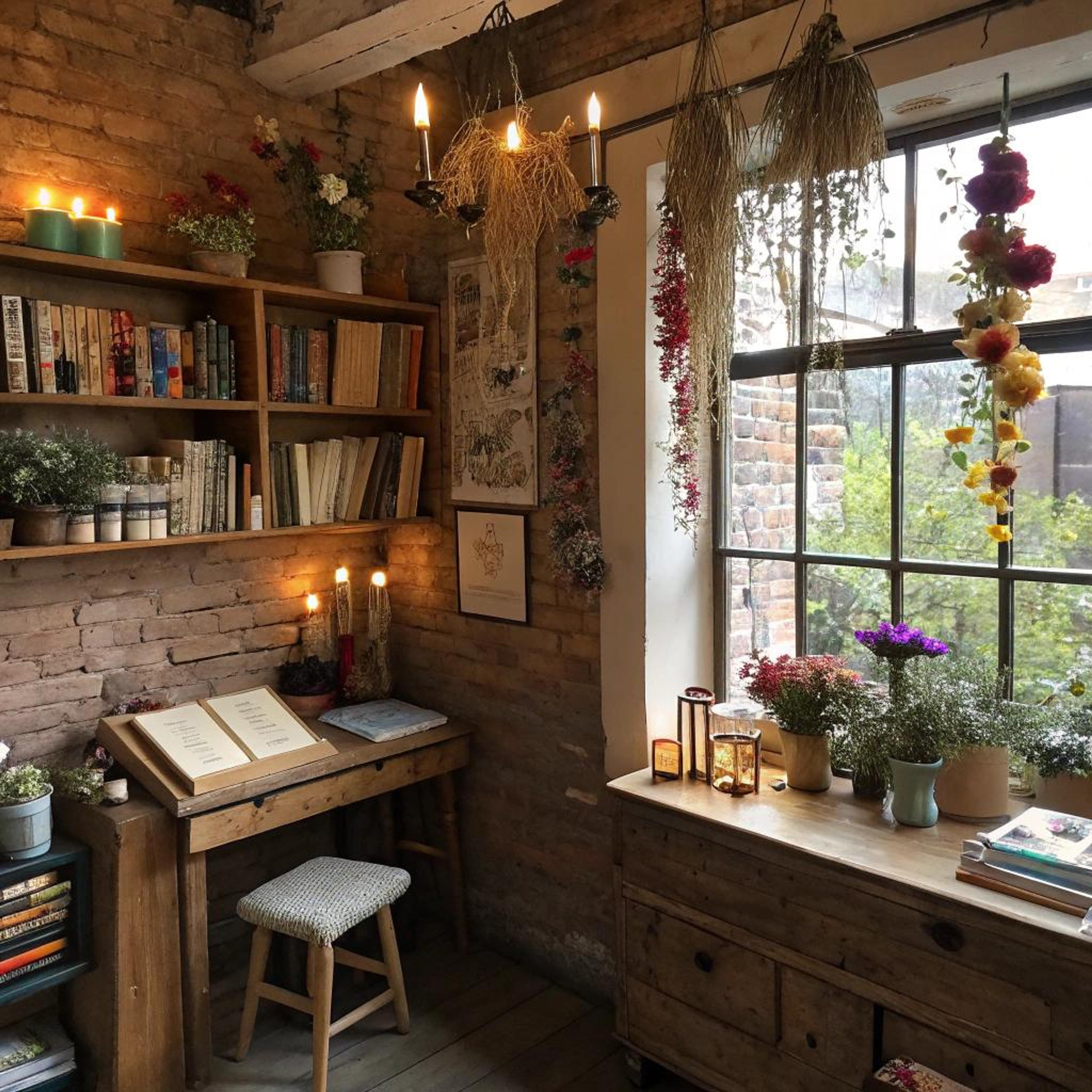 Boekenhoek met hangbloemen