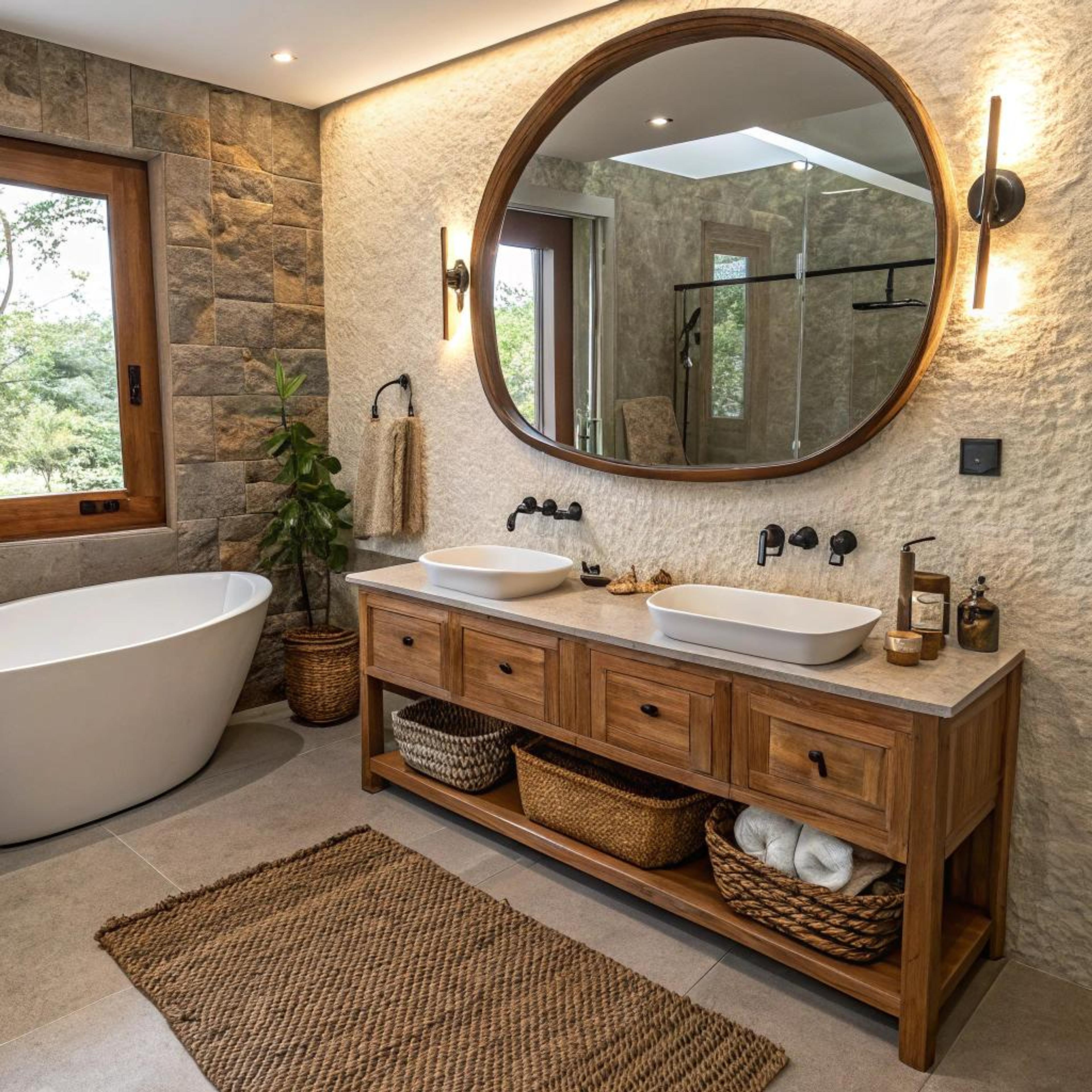 Rond spiegel boven dubbele wasbak