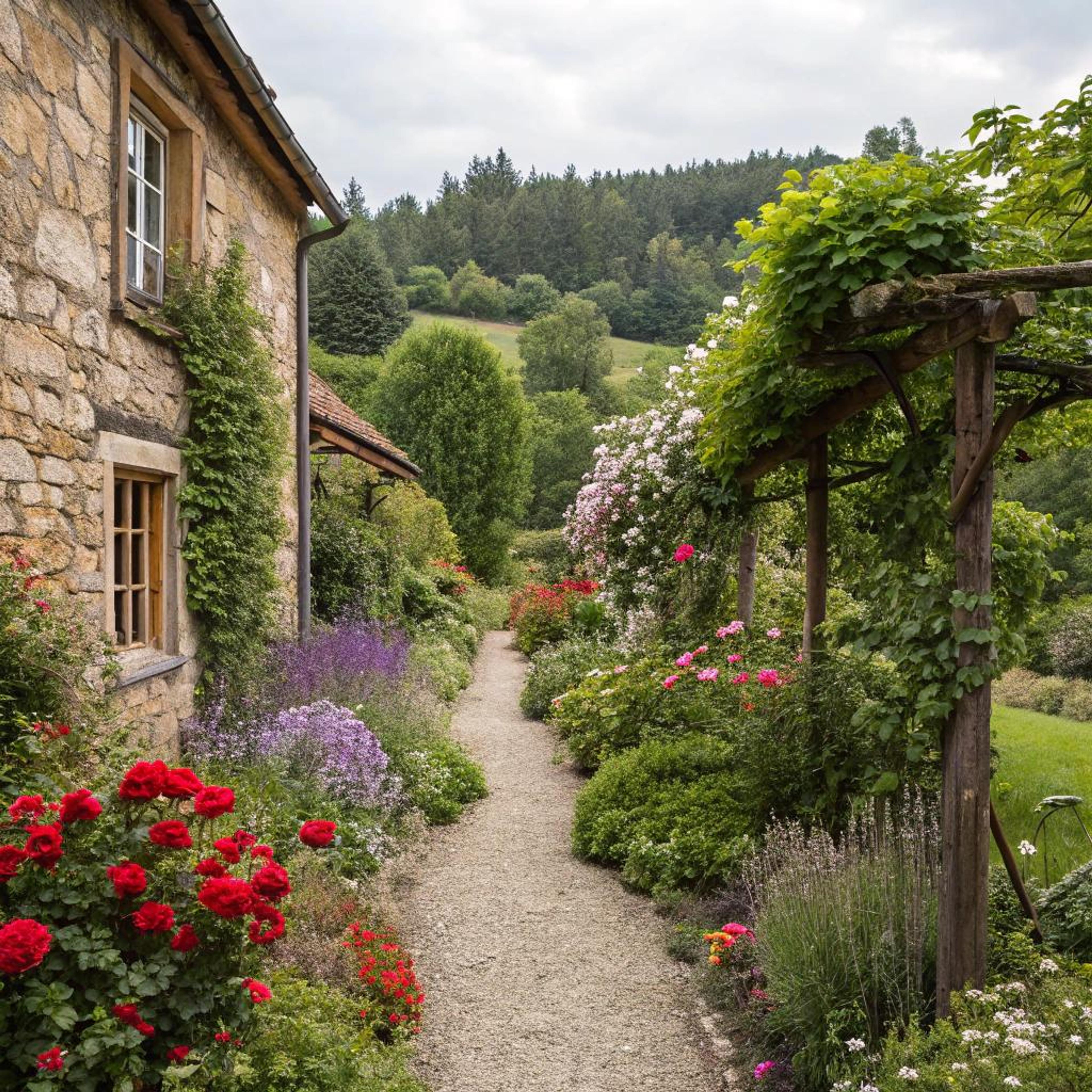 Roodroze bloemen langs looppad