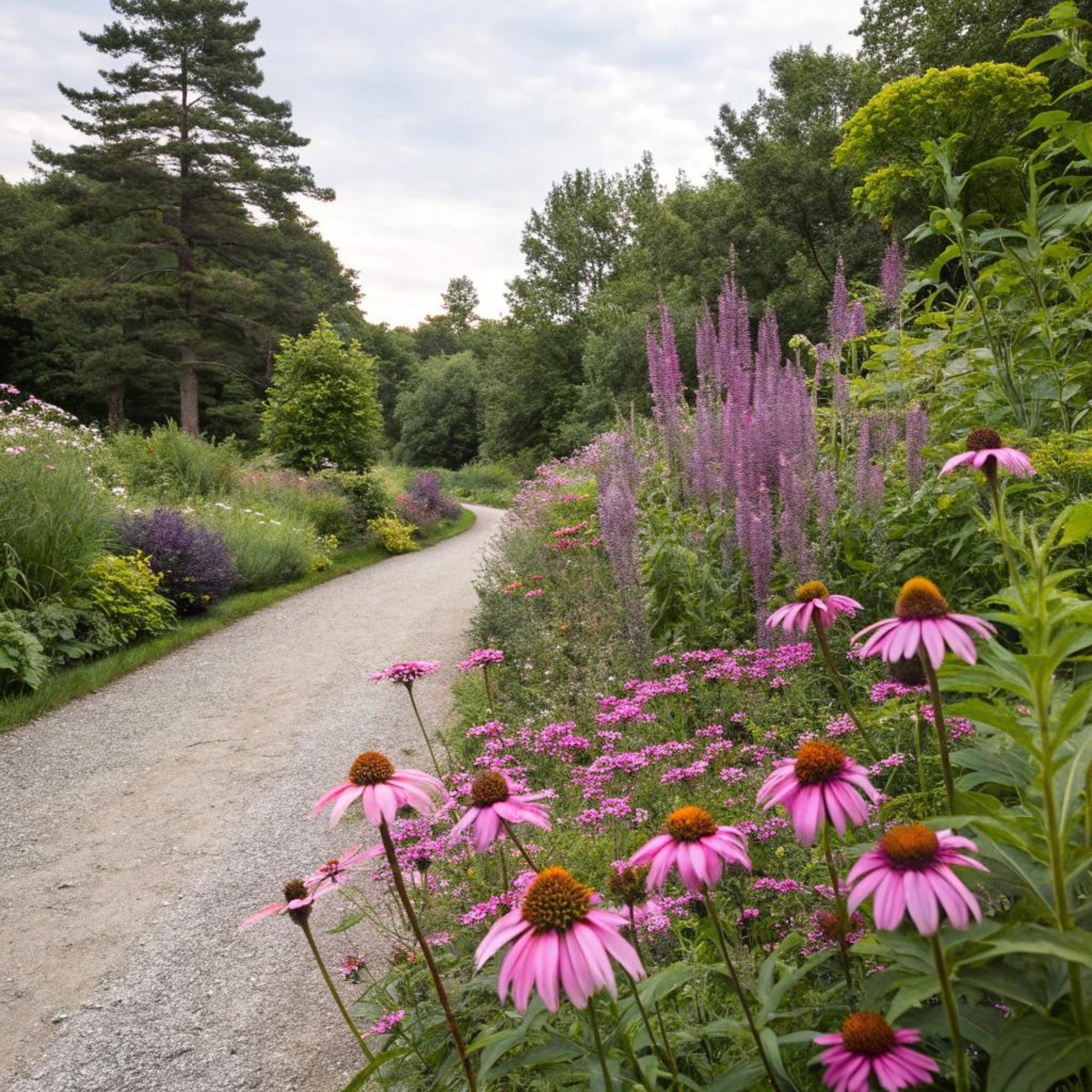 Slingerpad tussen levendige borders