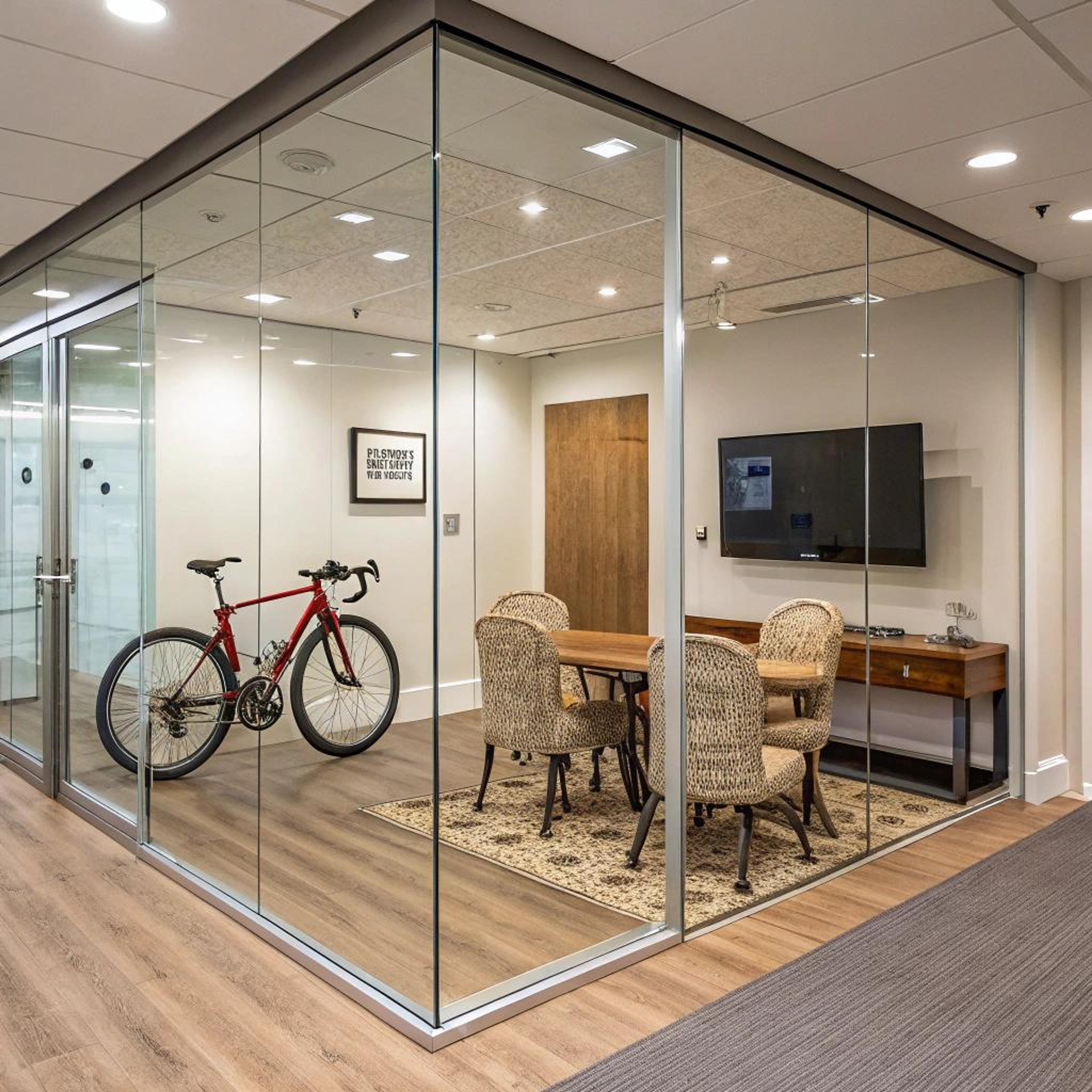 Houten tafel achter glaswanden